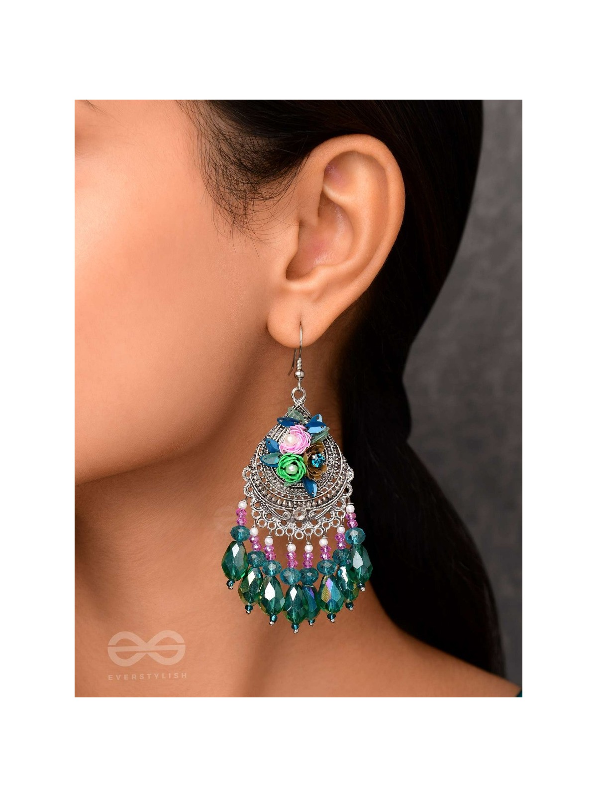VRINDARANYA - THE LUSH FOREST - SEQUINS, BEADS AND GLASS DROPS EMBROIDERED AND OXIDISED EARRINGS