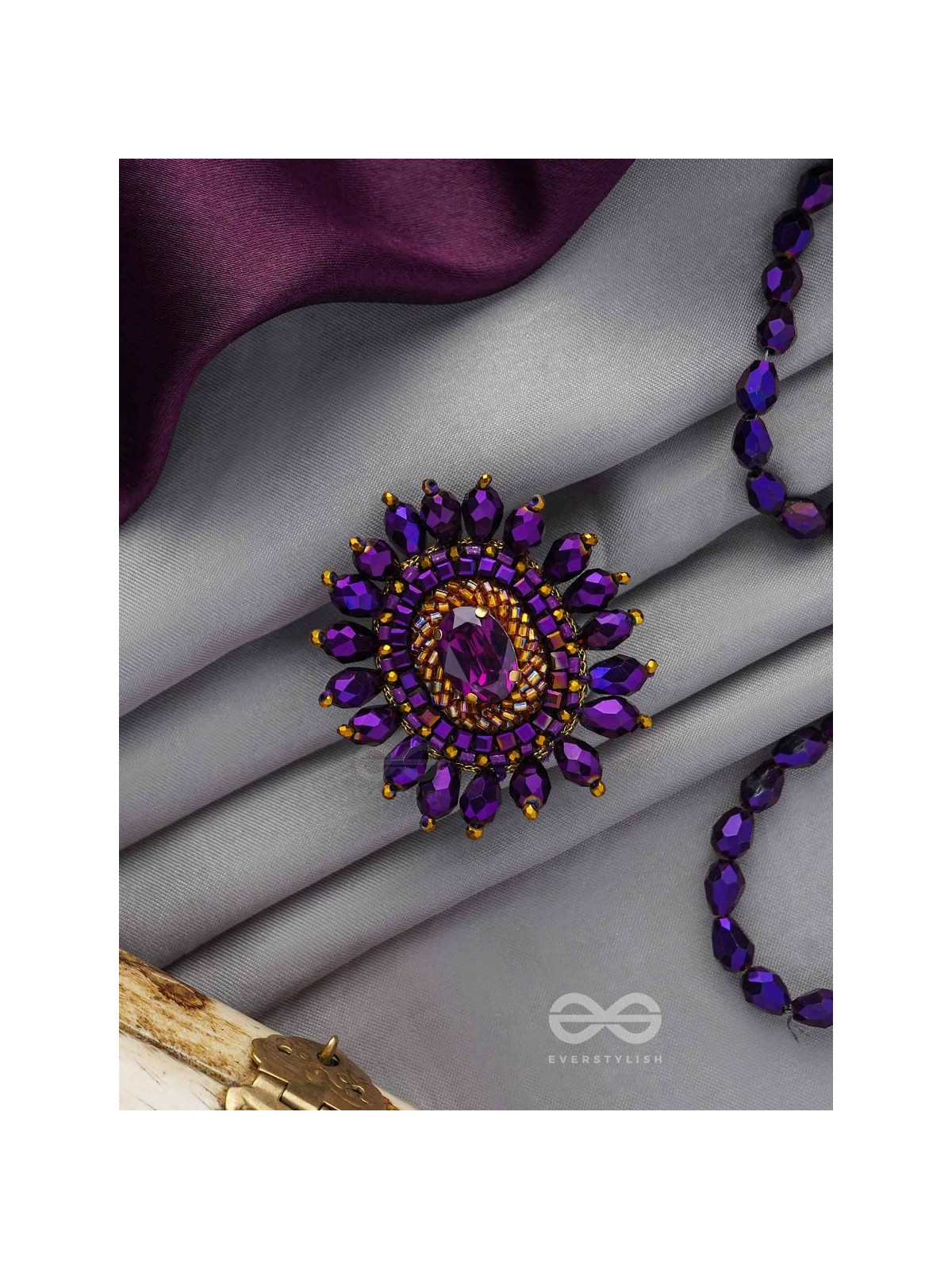 UDYOTINI - TWINKLING RADIANCE - STONE, BEADS AND GLASS DROPS EMBROIDERED RING (PURPLE)