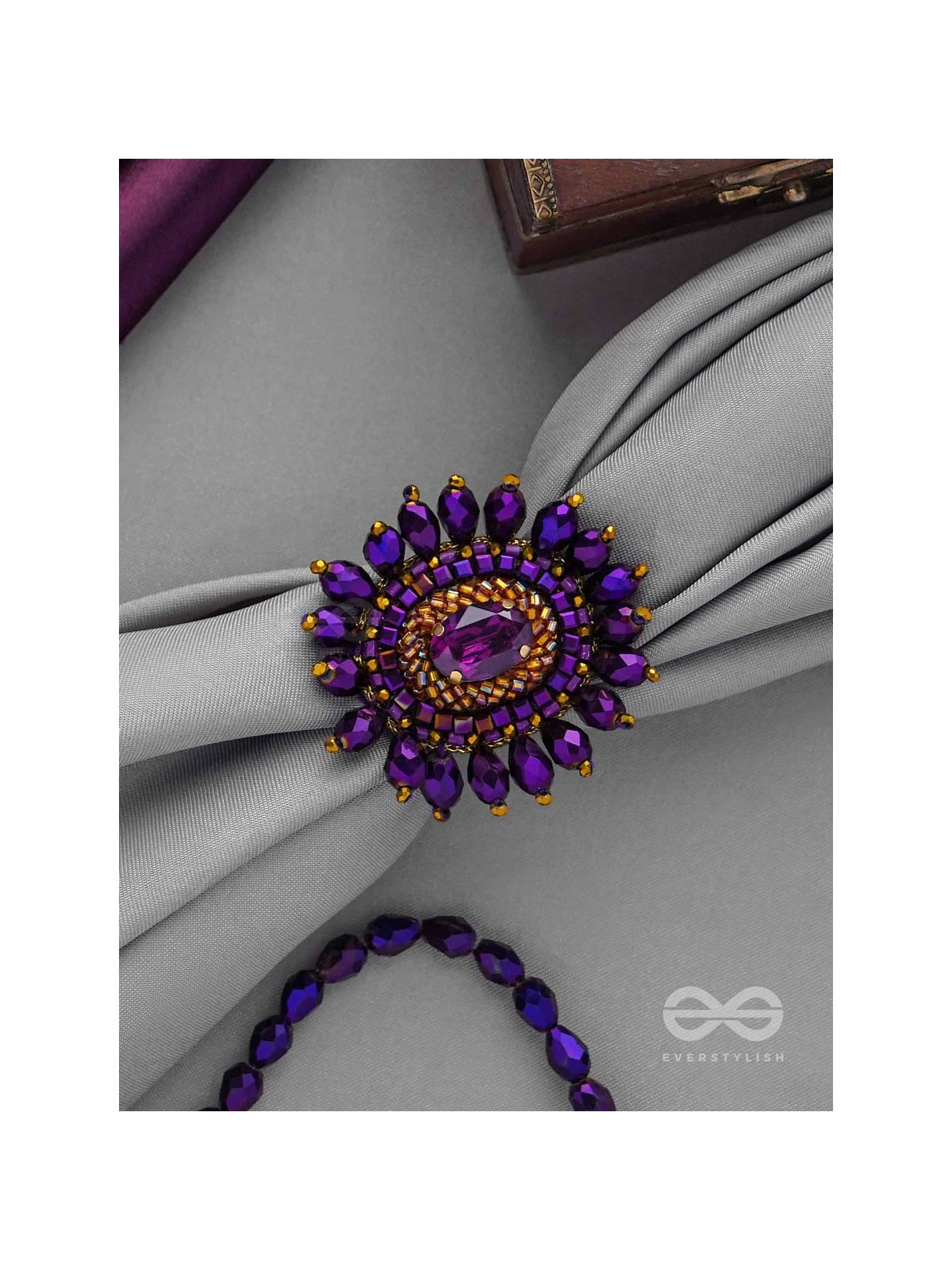 UDYOTINI - TWINKLING RADIANCE - STONE, BEADS AND GLASS DROPS EMBROIDERED RING (PURPLE)