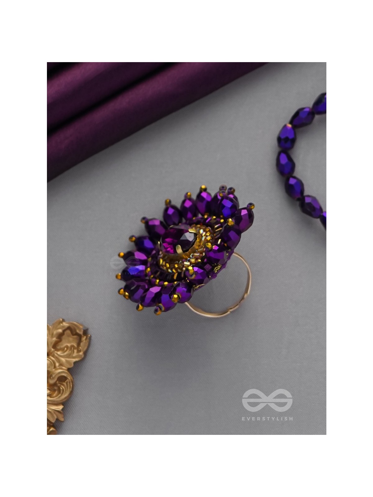 UDYOTINI - TWINKLING RADIANCE - STONE, BEADS AND GLASS DROPS EMBROIDERED RING (PURPLE)
