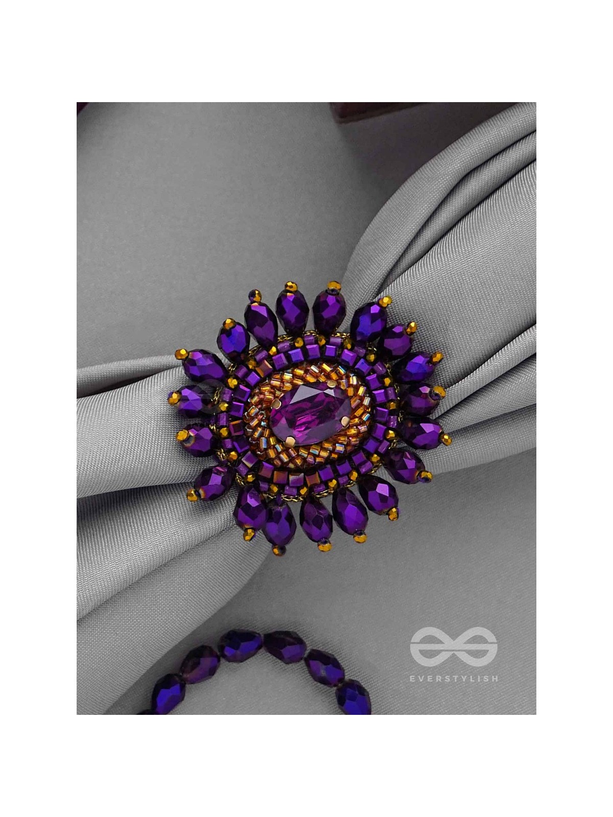 UDYOTINI - TWINKLING RADIANCE - STONE, BEADS AND GLASS DROPS EMBROIDERED RING (PURPLE)
