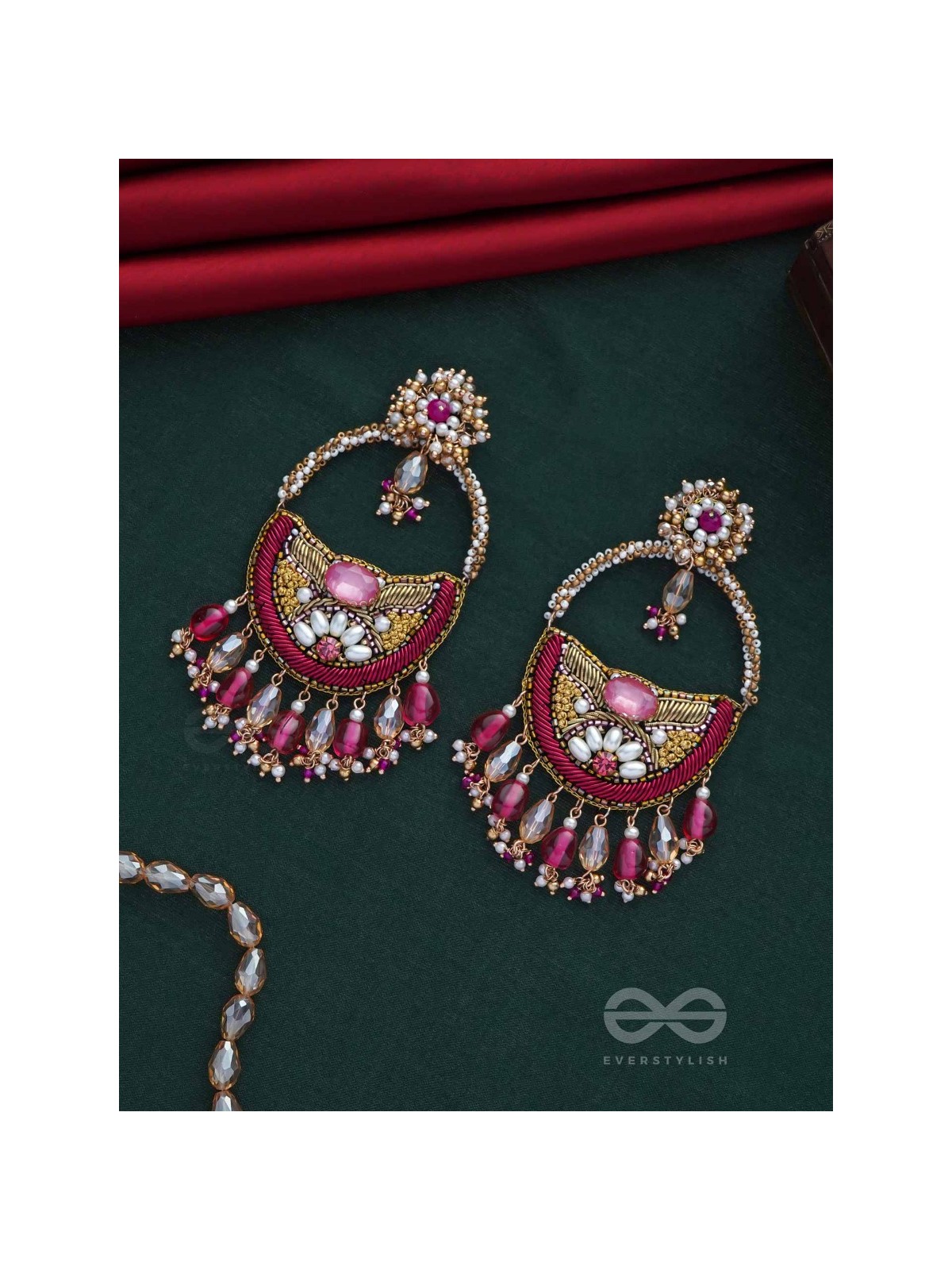VILAKSANA - UNIQUE SPARKLING MOMENTS - STONE, BEADS, GLASS DROPS AND PEARLS EMBROIDERED EARRINGS (MAGENTA & GOLDEN)