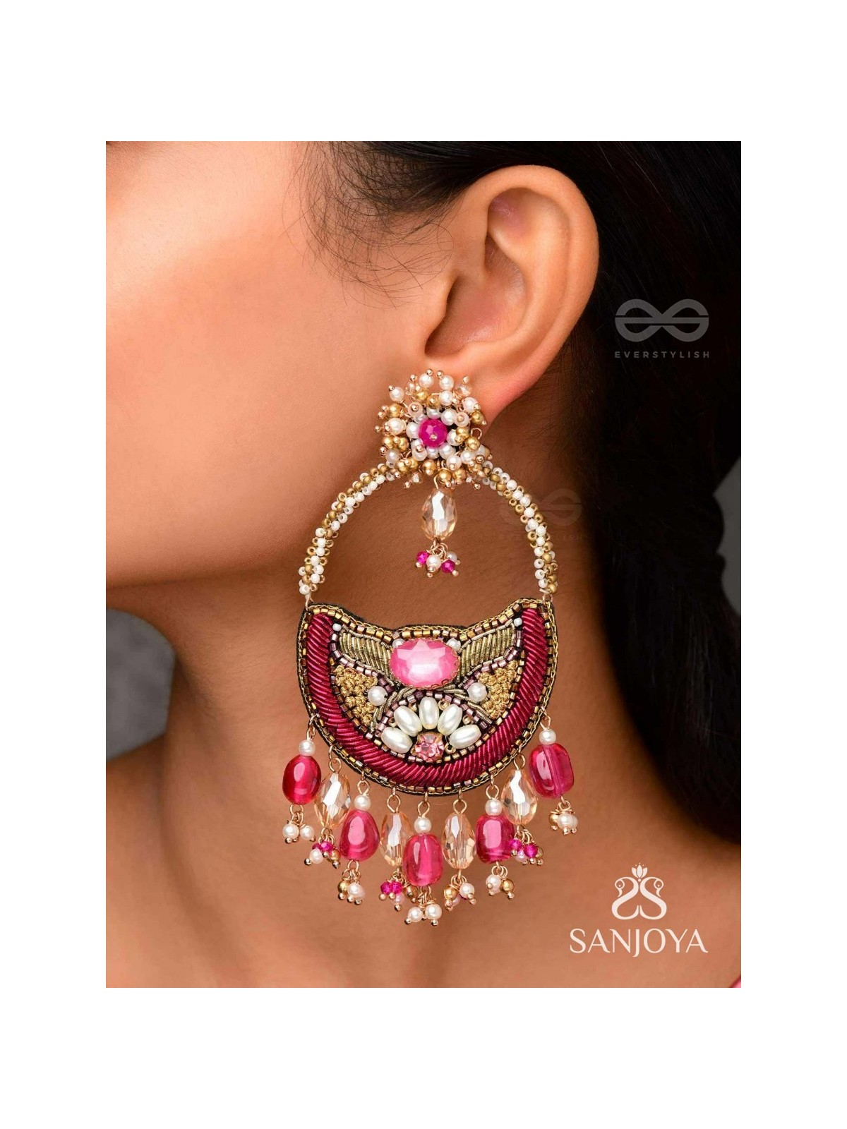VILAKSANA - UNIQUE SPARKLING MOMENTS - STONE, BEADS, GLASS DROPS AND PEARLS EMBROIDERED EARRINGS (MAGENTA & GOLDEN)