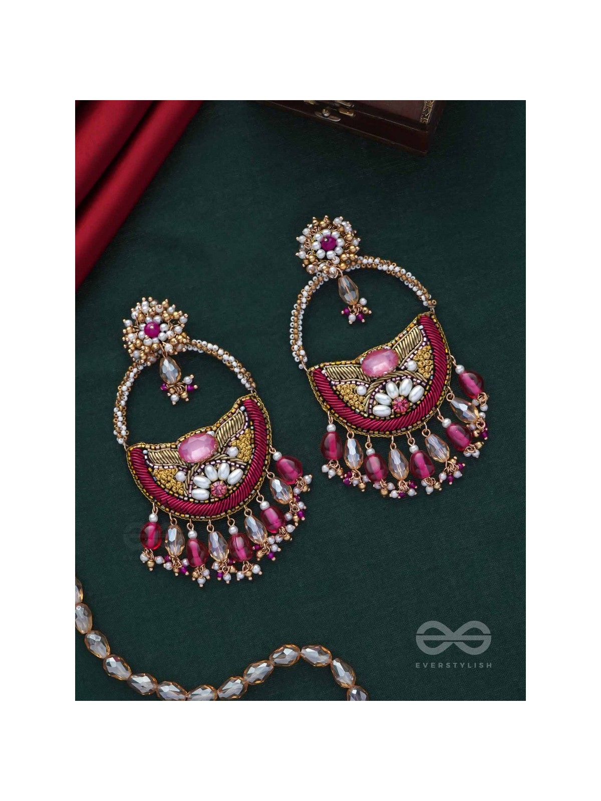 VILAKSANA - UNIQUE SPARKLING MOMENTS - STONE, BEADS, GLASS DROPS AND PEARLS EMBROIDERED EARRINGS (MAGENTA & GOLDEN)