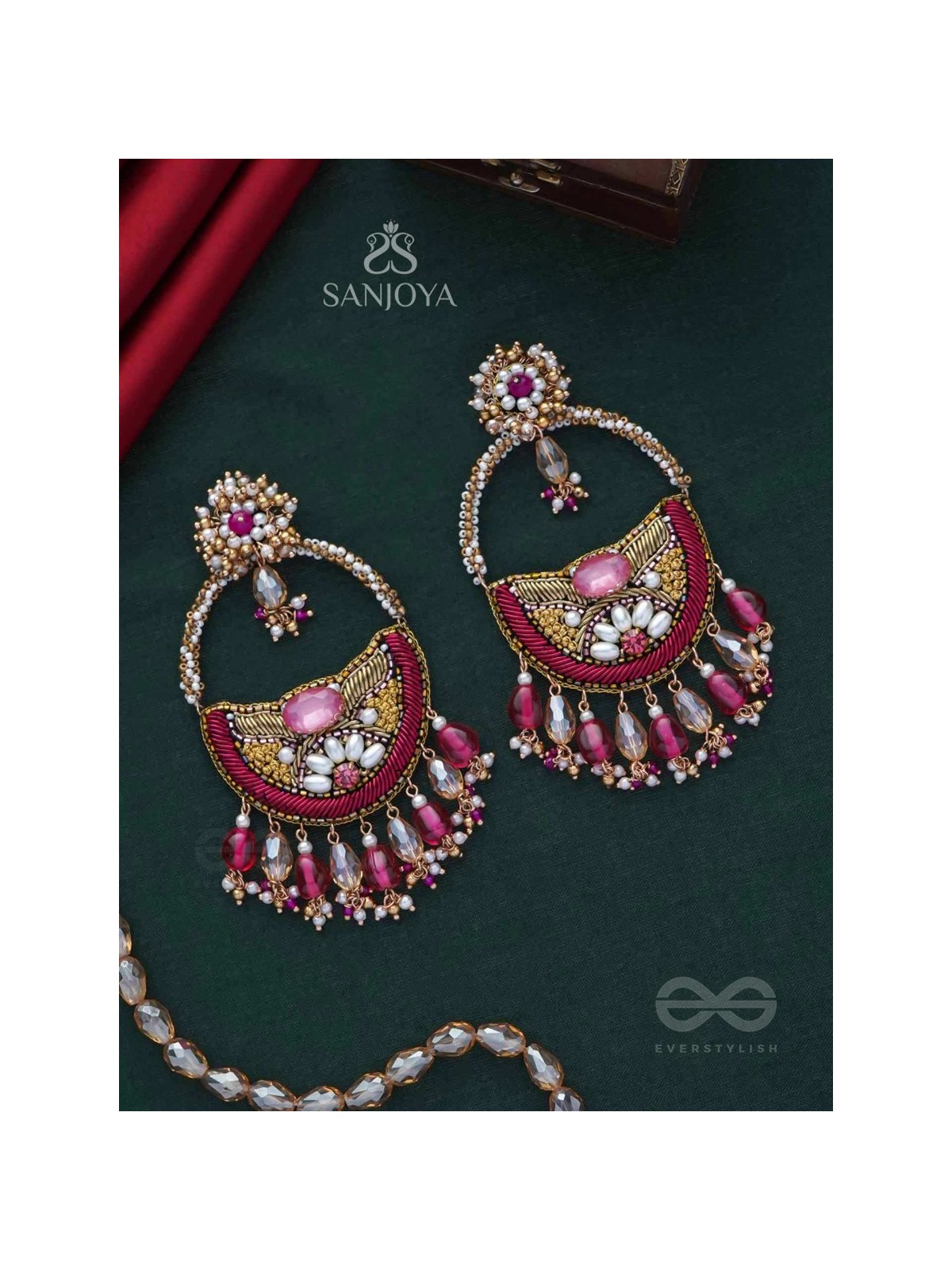 VILAKSANA - UNIQUE SPARKLING MOMENTS - STONE, BEADS, GLASS DROPS AND PEARLS EMBROIDERED EARRINGS (MAGENTA & GOLDEN)