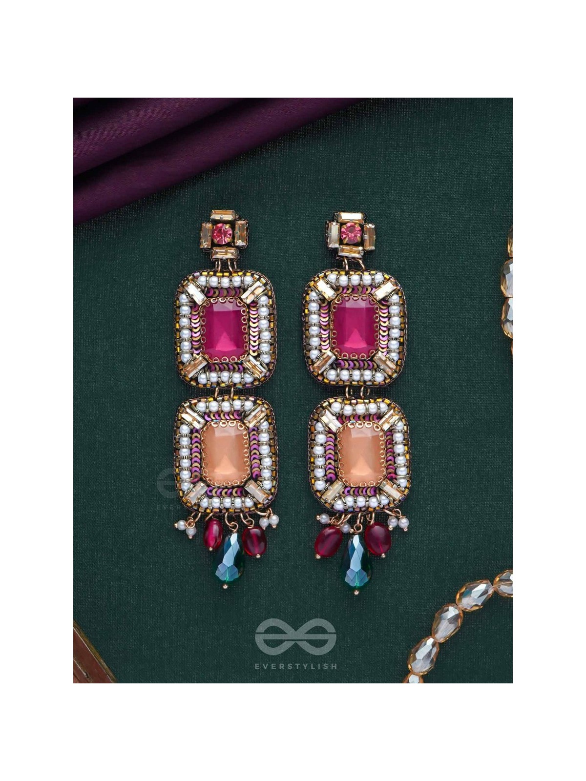 Ananyadharana - The Exclusive Adornment - Stones, Beads And Glass Drops Hand Embroidered Earrings