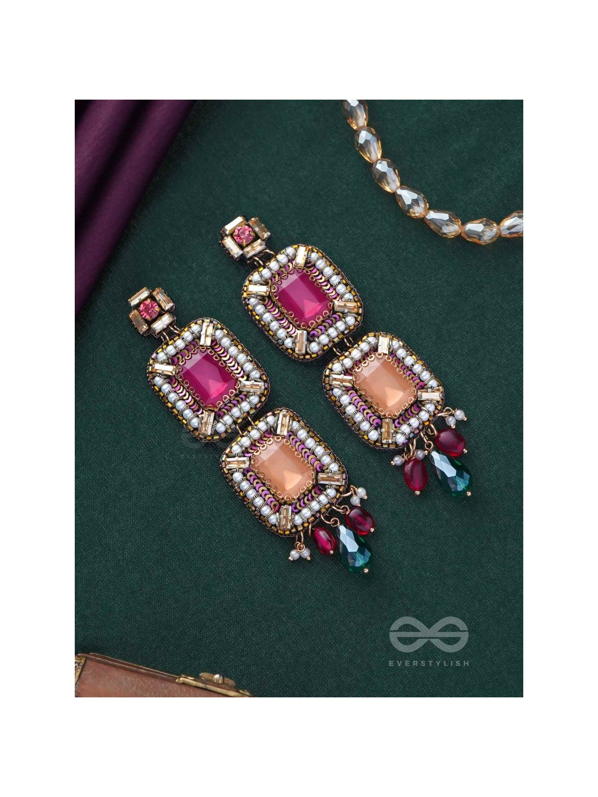Ananyadharana - The Exclusive Adornment - Stones, Beads And Glass Drops Hand Embroidered Earrings