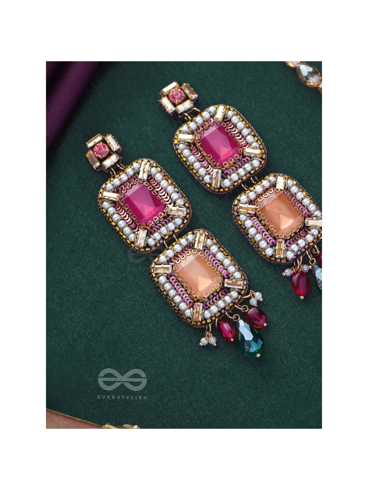 Ananyadharana - The Exclusive Adornment - Stones, Beads And Glass Drops Hand Embroidered Earrings