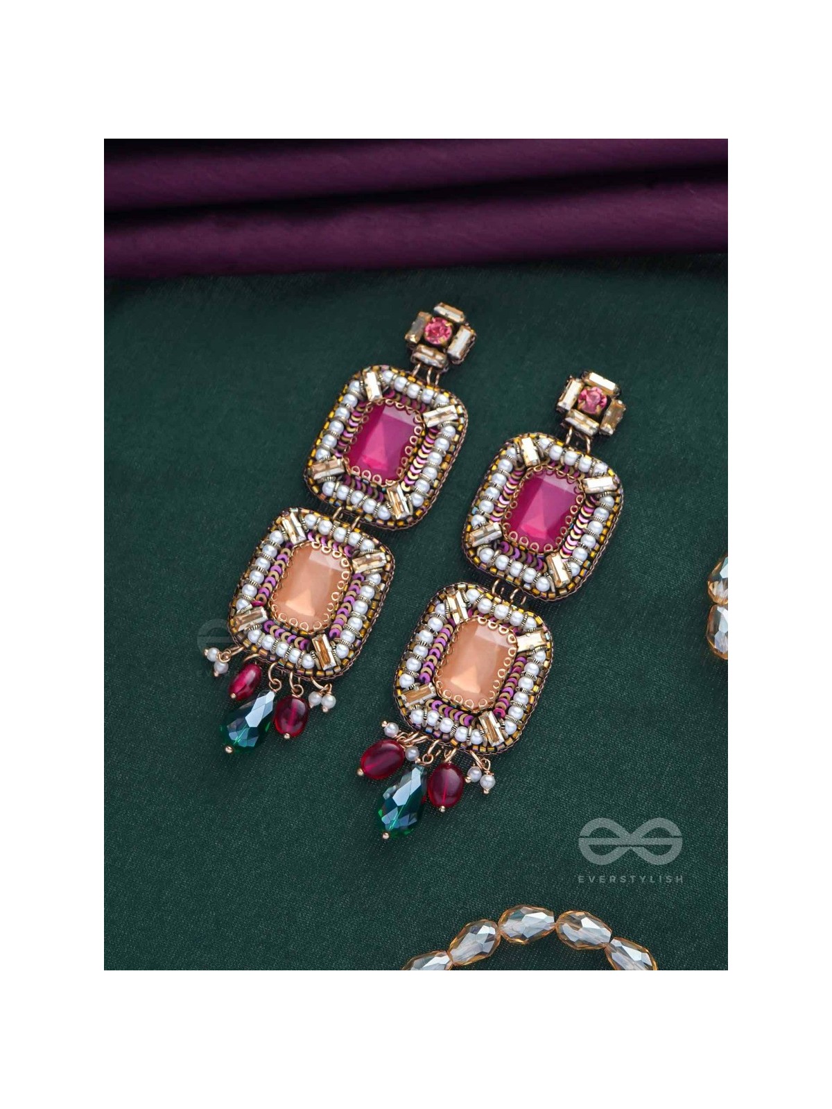 Ananyadharana - The Exclusive Adornment - Stones, Beads And Glass Drops Hand Embroidered Earrings