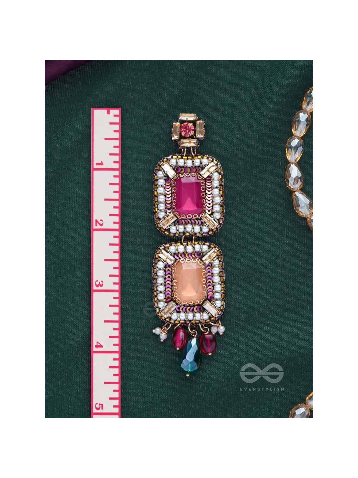 Ananyadharana - The Exclusive Adornment - Stones, Beads And Glass Drops Hand Embroidered Earrings