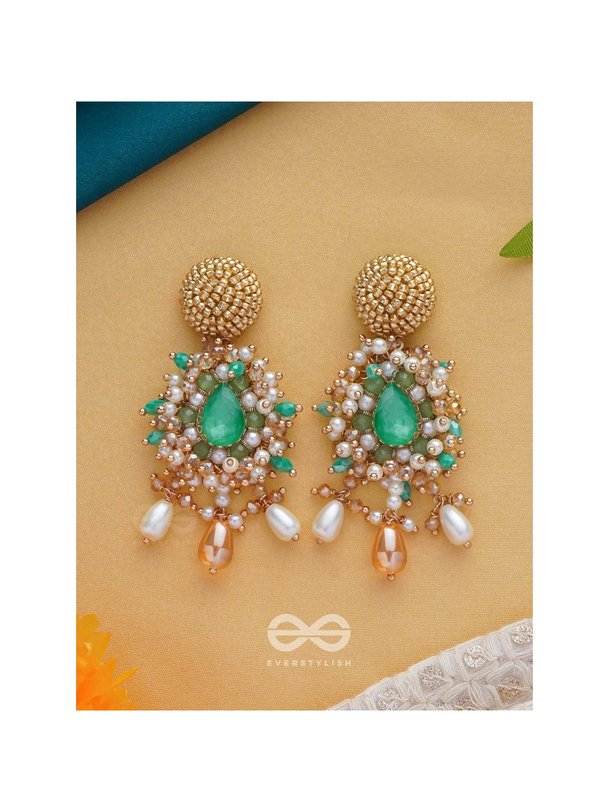 Vaichitrii - Marvellous Beauty - Stone, Beads And Glass Drop Hand Embroidered Earrings