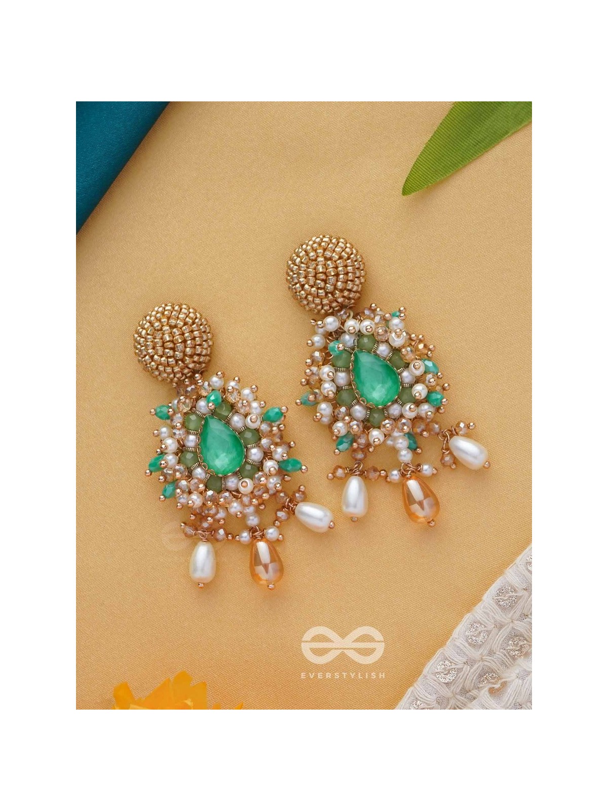 Vaichitrii - Marvellous Beauty - Stone, Beads And Glass Drop Hand Embroidered Earrings