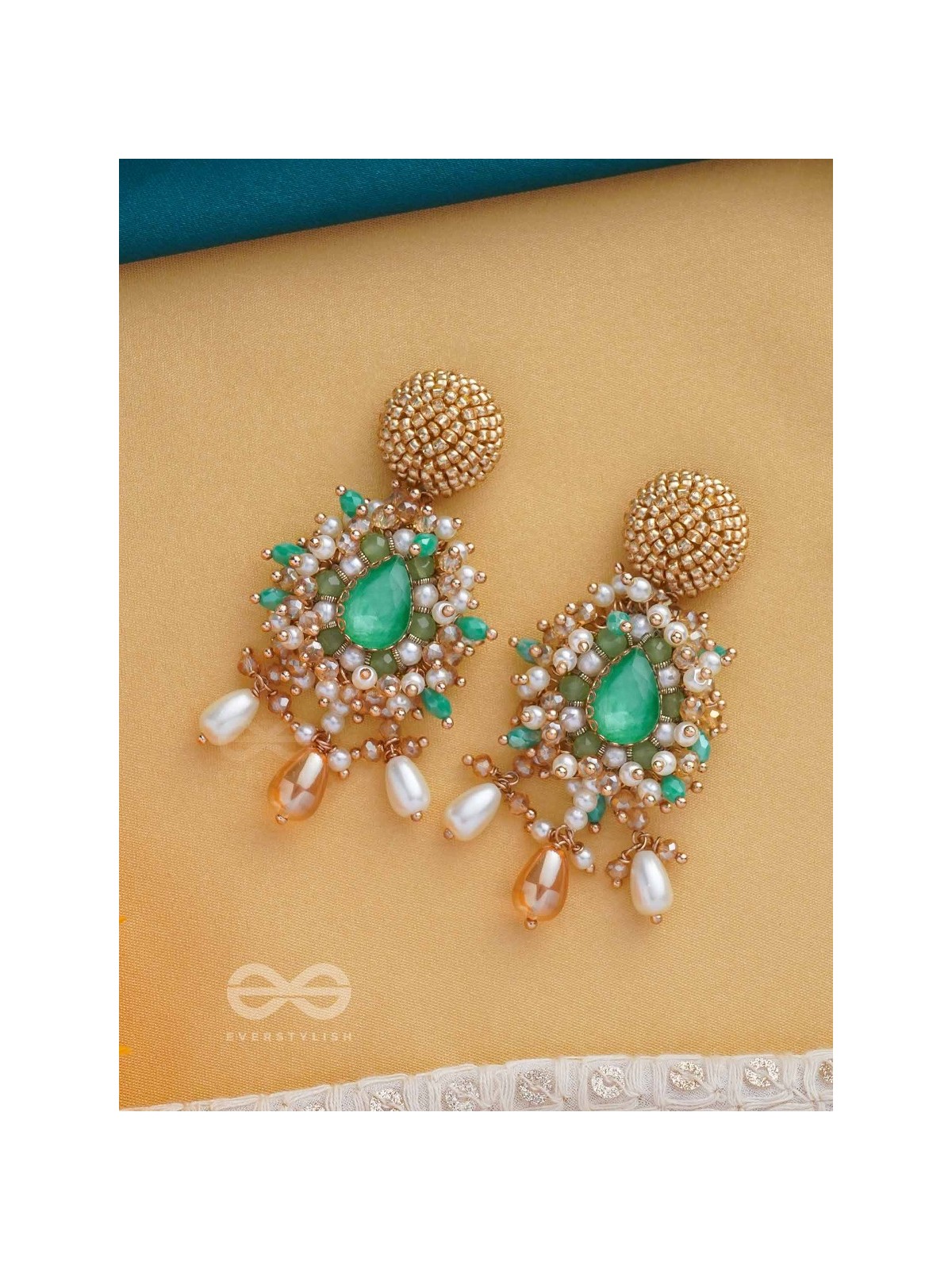 Vaichitrii - Marvellous Beauty - Stone, Beads And Glass Drop Hand Embroidered Earrings