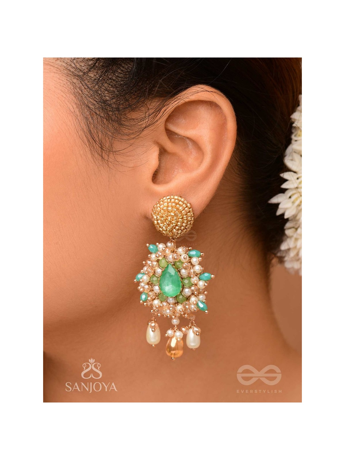 Vaichitrii - Marvellous Beauty - Stone, Beads And Glass Drop Hand Embroidered Earrings