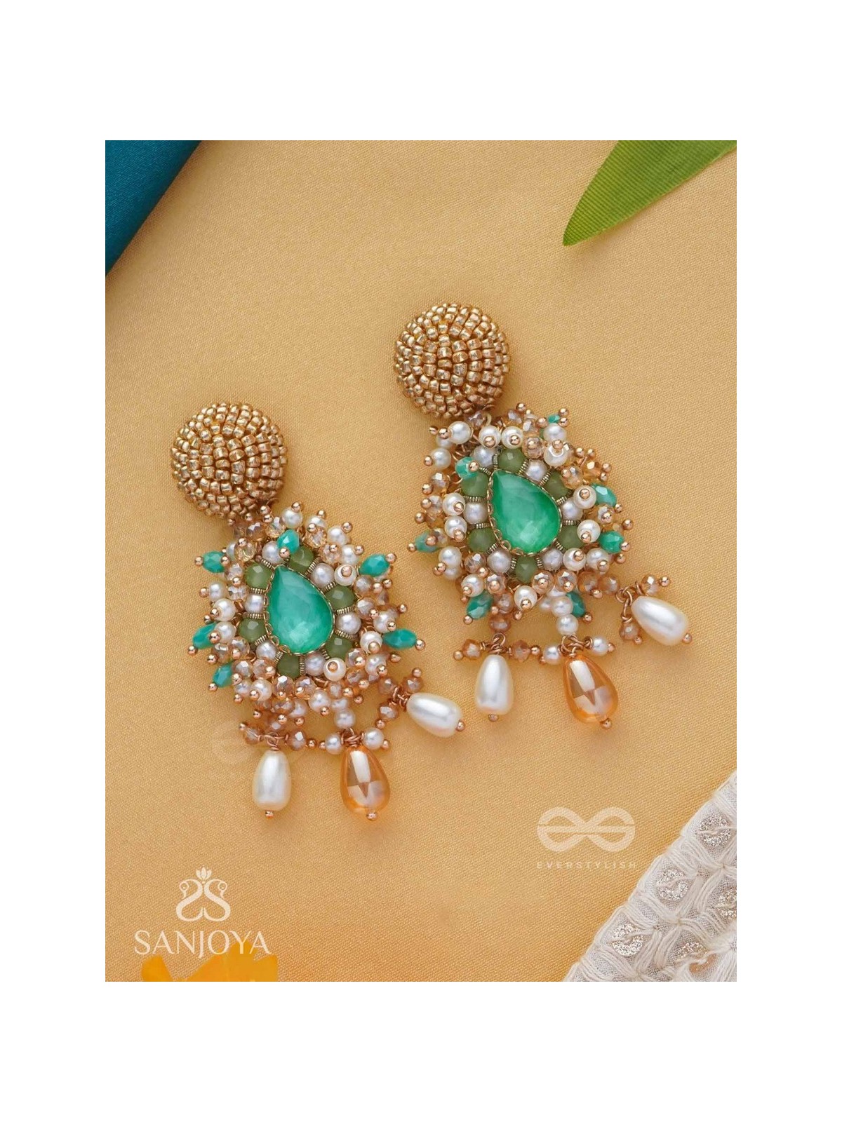 Vaichitrii - Marvellous Beauty - Stone, Beads And Glass Drop Hand Embroidered Earrings