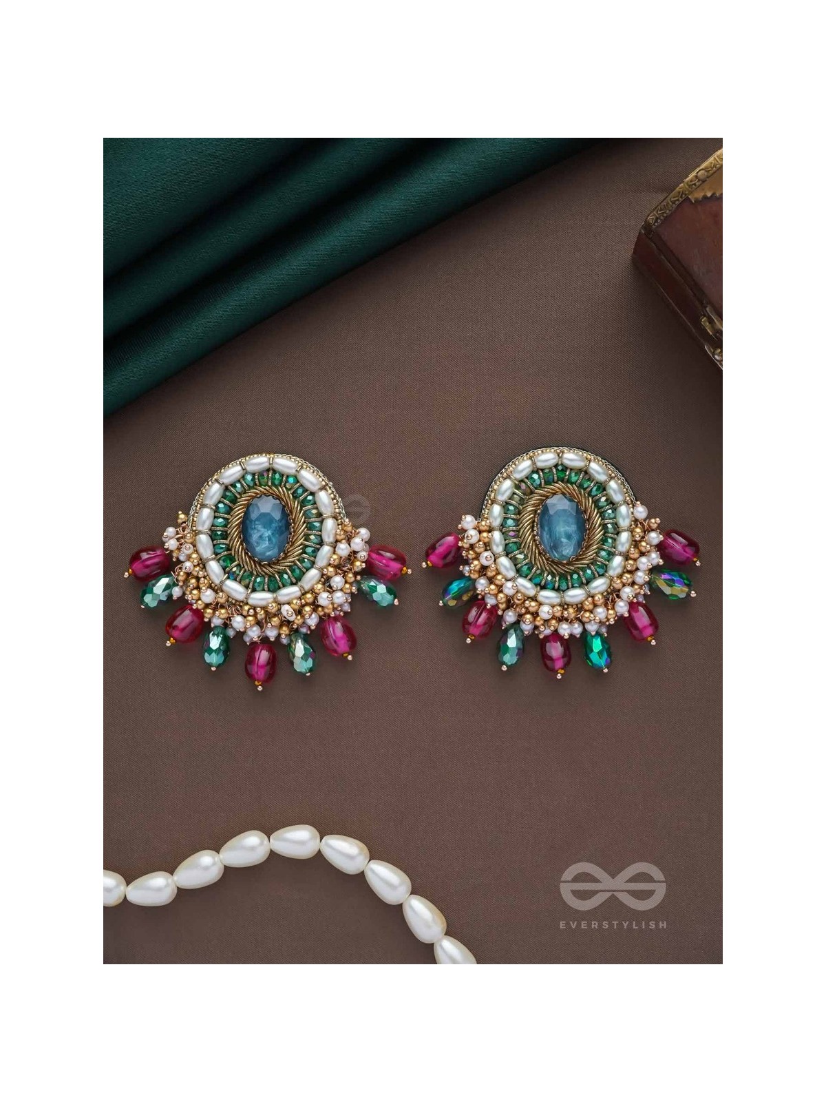 Ritashri - The True Beauty - Stone, Beads And Glass Drops Hand Embroidered Earrings