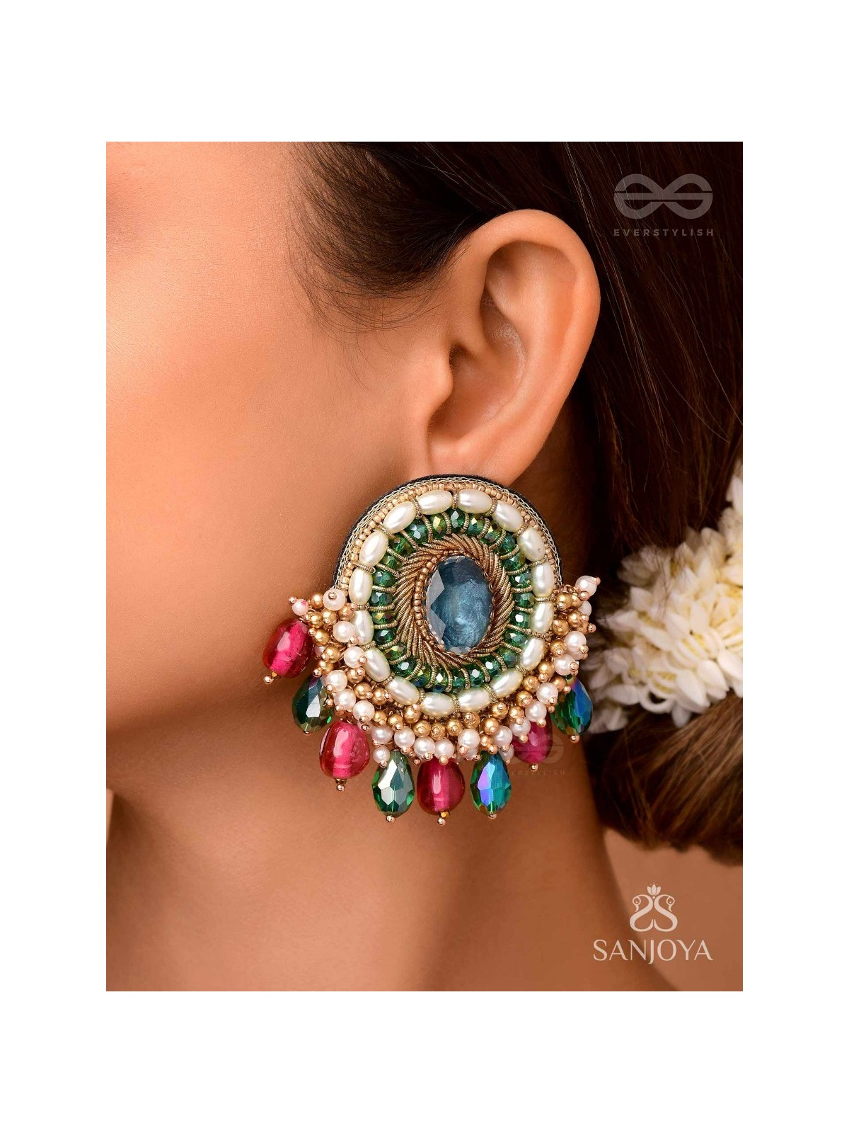 Ritashri - The True Beauty - Stone, Beads And Glass Drops Hand Embroidered Earrings