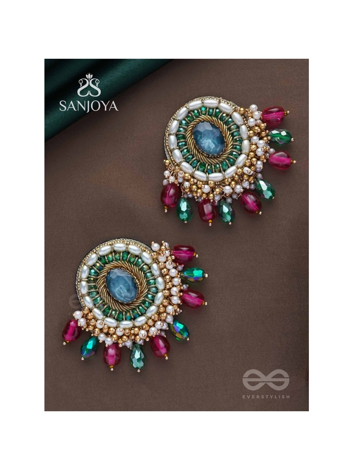 Ritashri - The True Beauty - Stone, Beads And Glass Drops Hand Embroidered Earrings