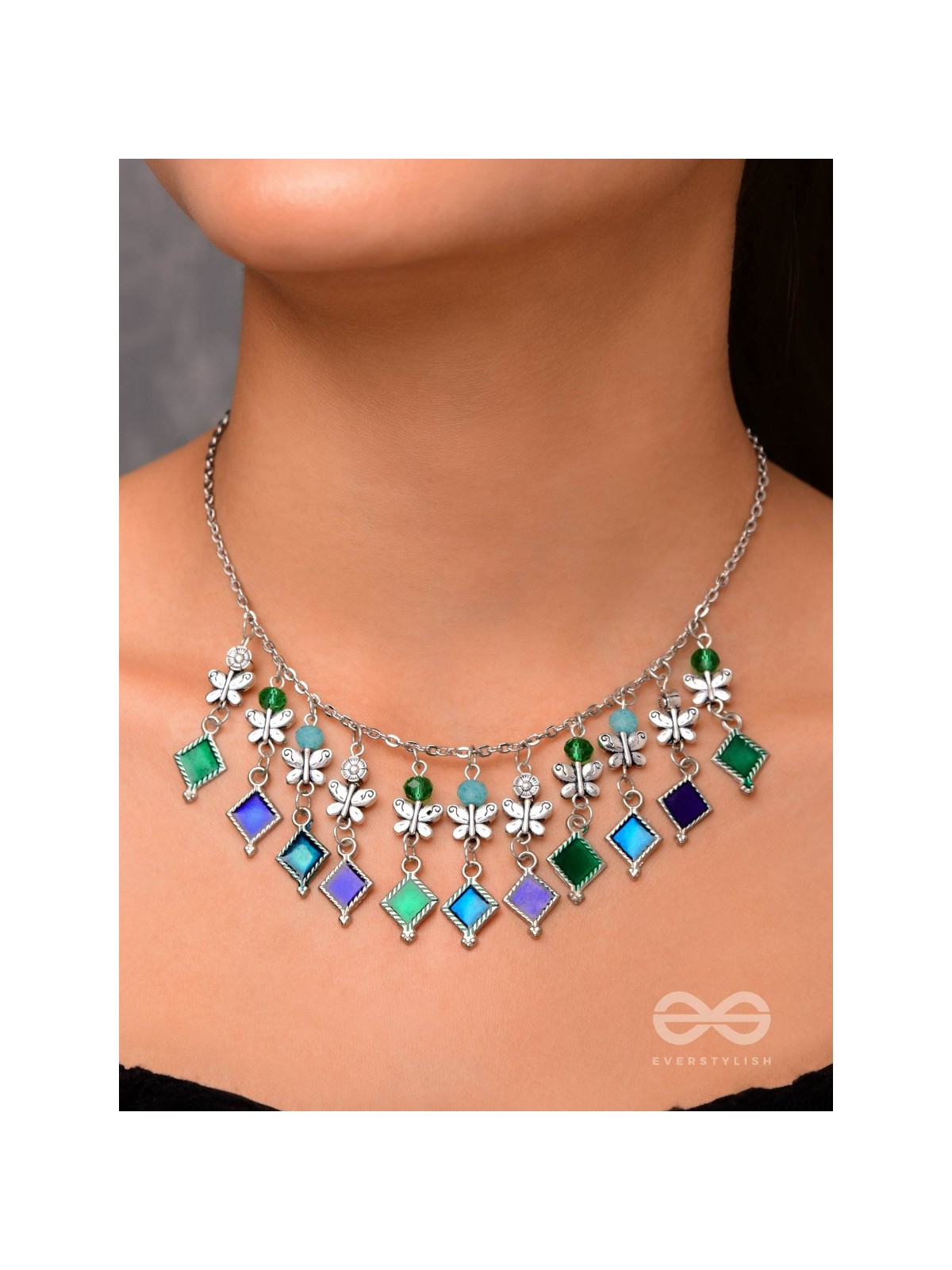 THE BUTTERFLY BALLERINA - BEADED OXIDISED ENAMELLED NECKLACE