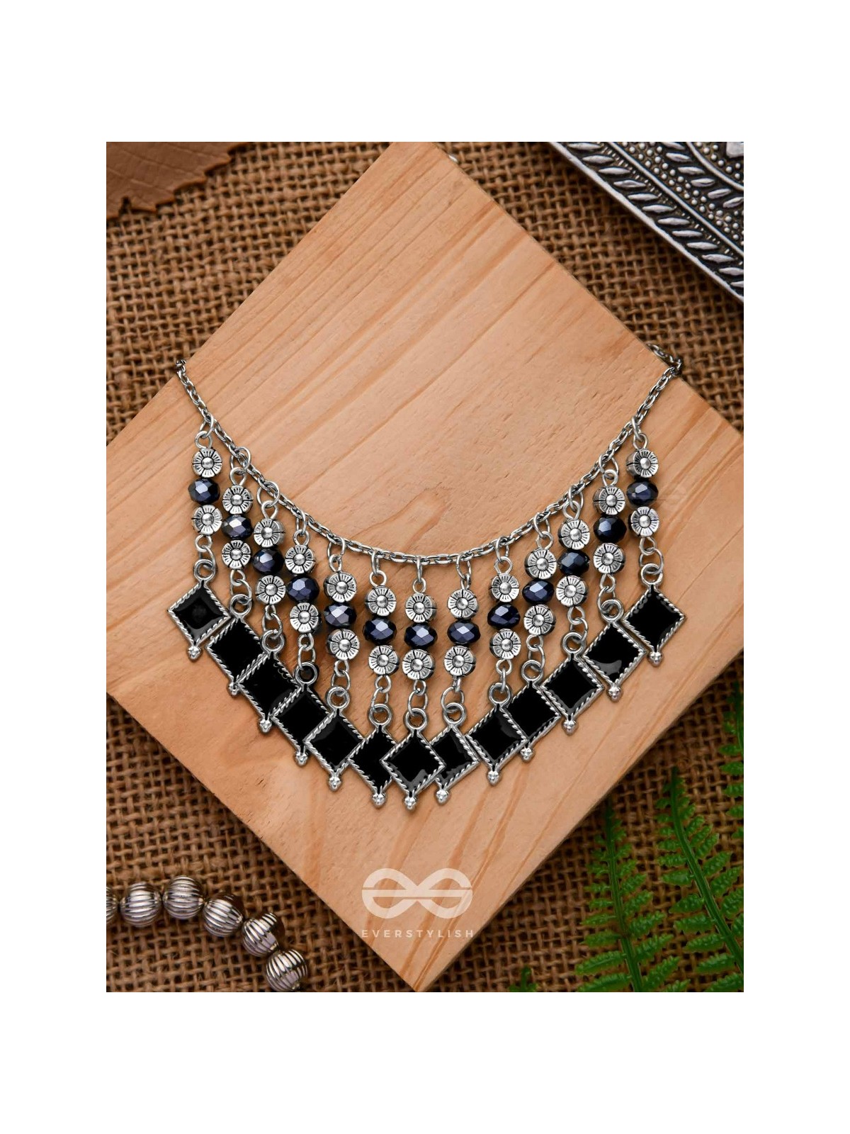 THE MOONLIT BLOOMS- BEADED OXIDISED ENAMELLED NECKLACE