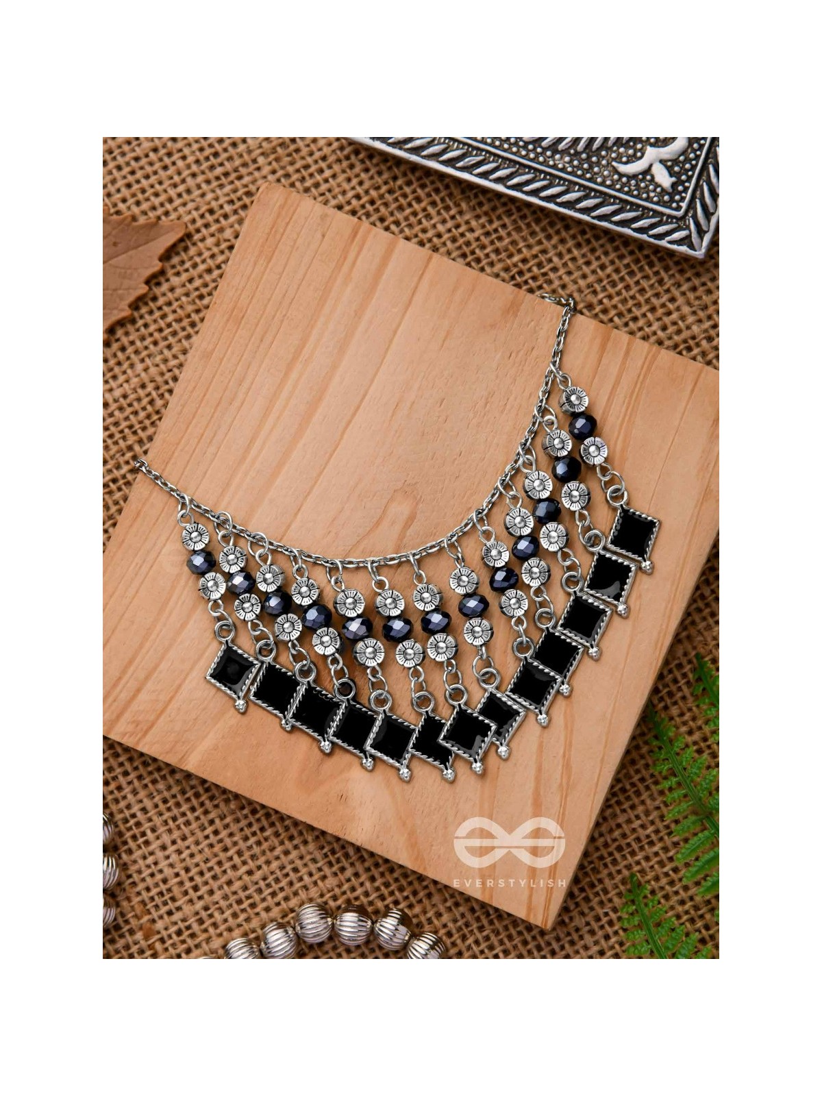 THE MOONLIT BLOOMS- BEADED OXIDISED ENAMELLED NECKLACE