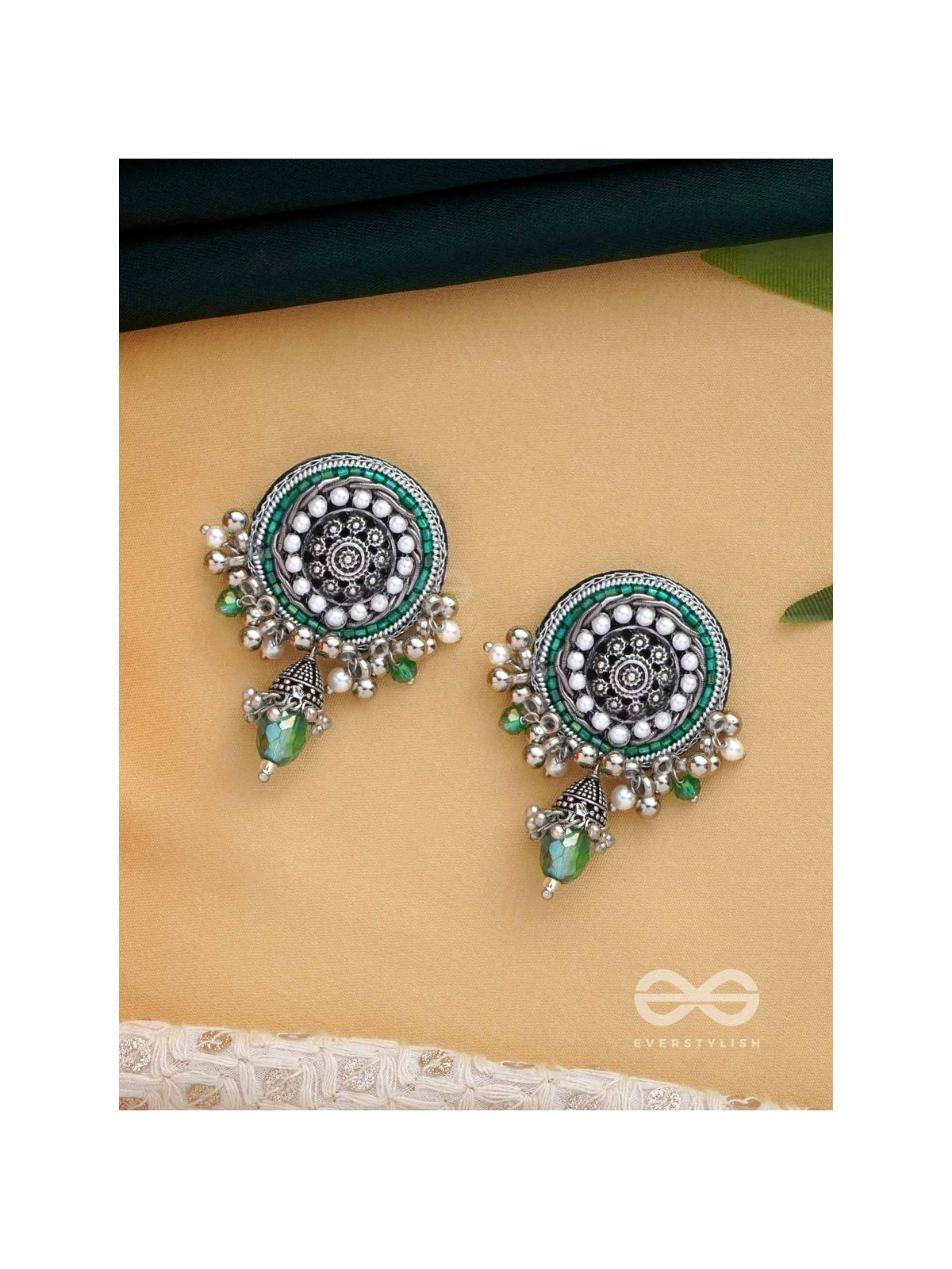 VILAKSHANA - THE EXCEPTIONAL ONE - CUTDANA AND GLASS DROP EMBROIDERED AND OXIDISED EARRINGS