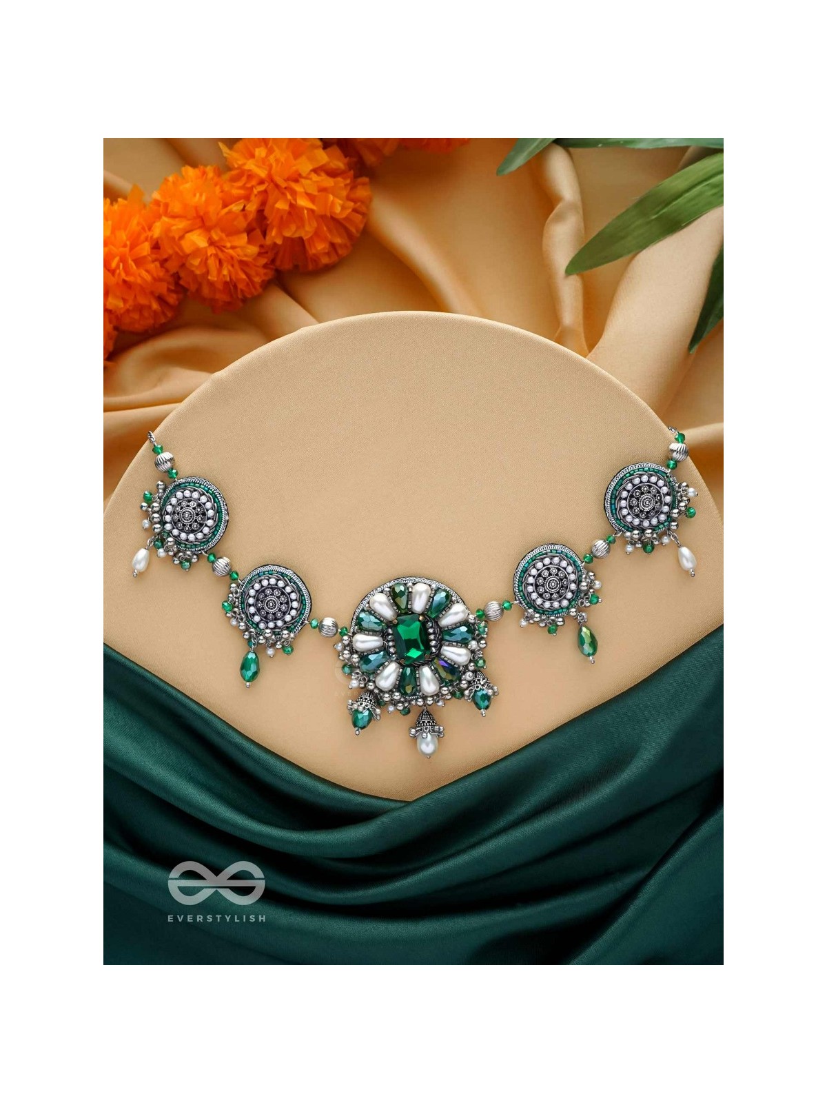 PRADHI - MOON LIKE ELEGANCE - GLASS DROPS, STONES AND PEARLS EMBROIDERED AND OXIDISED NECKPIECE