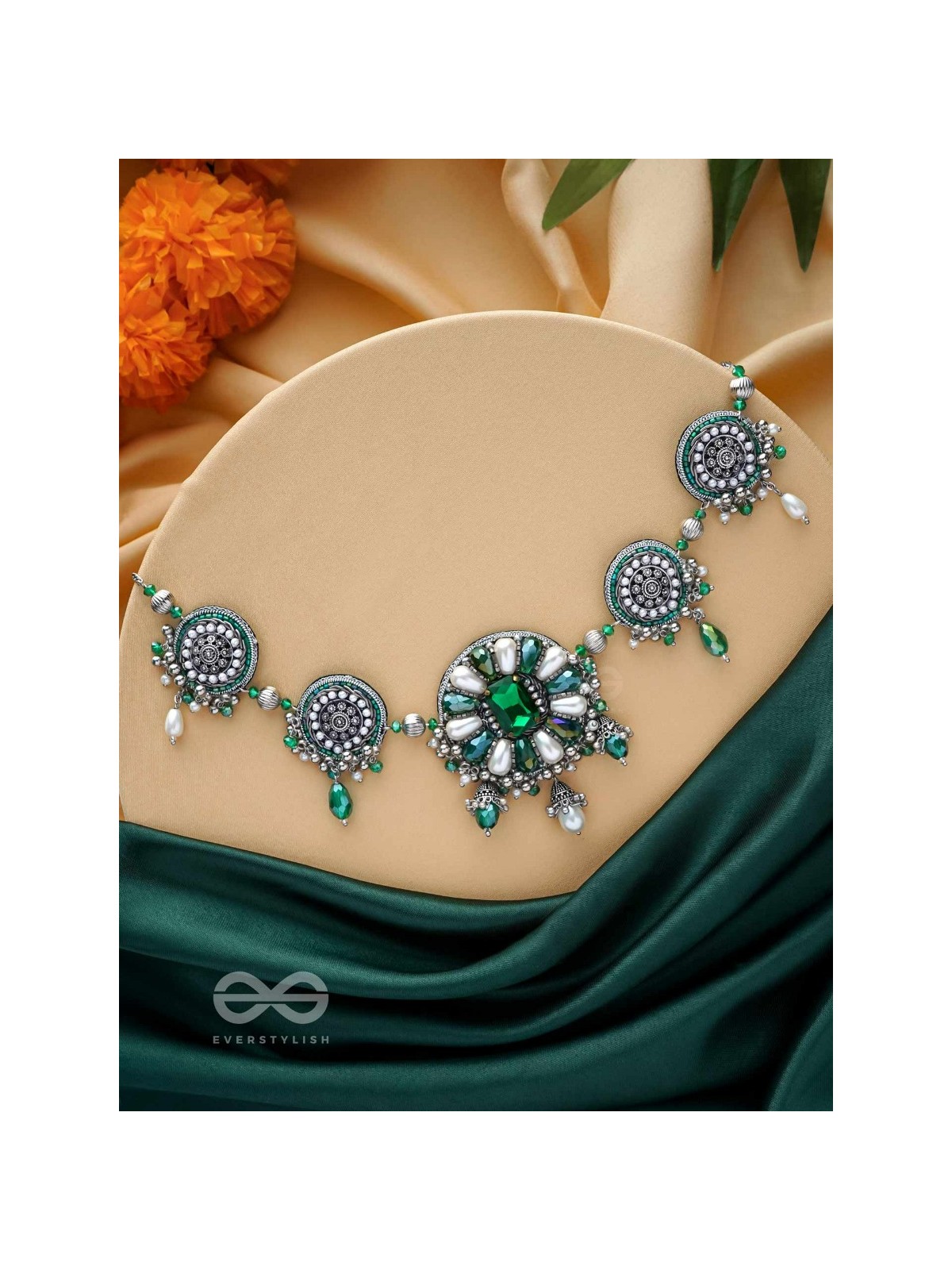 PRADHI - MOON LIKE ELEGANCE - GLASS DROPS, STONES AND PEARLS EMBROIDERED AND OXIDISED NECKPIECE