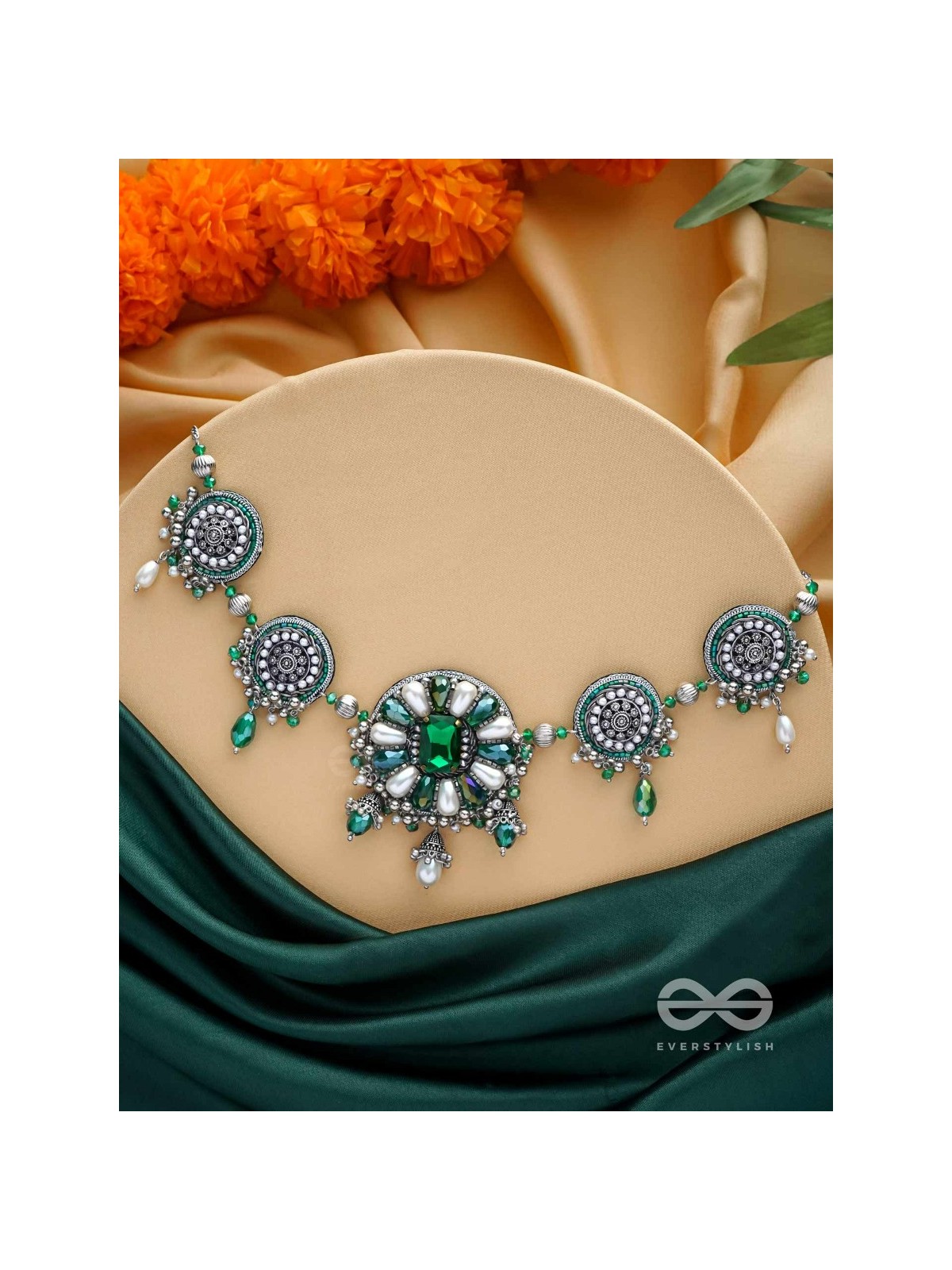 PRADHI - MOON LIKE ELEGANCE - GLASS DROPS, STONES AND PEARLS EMBROIDERED AND OXIDISED NECKPIECE