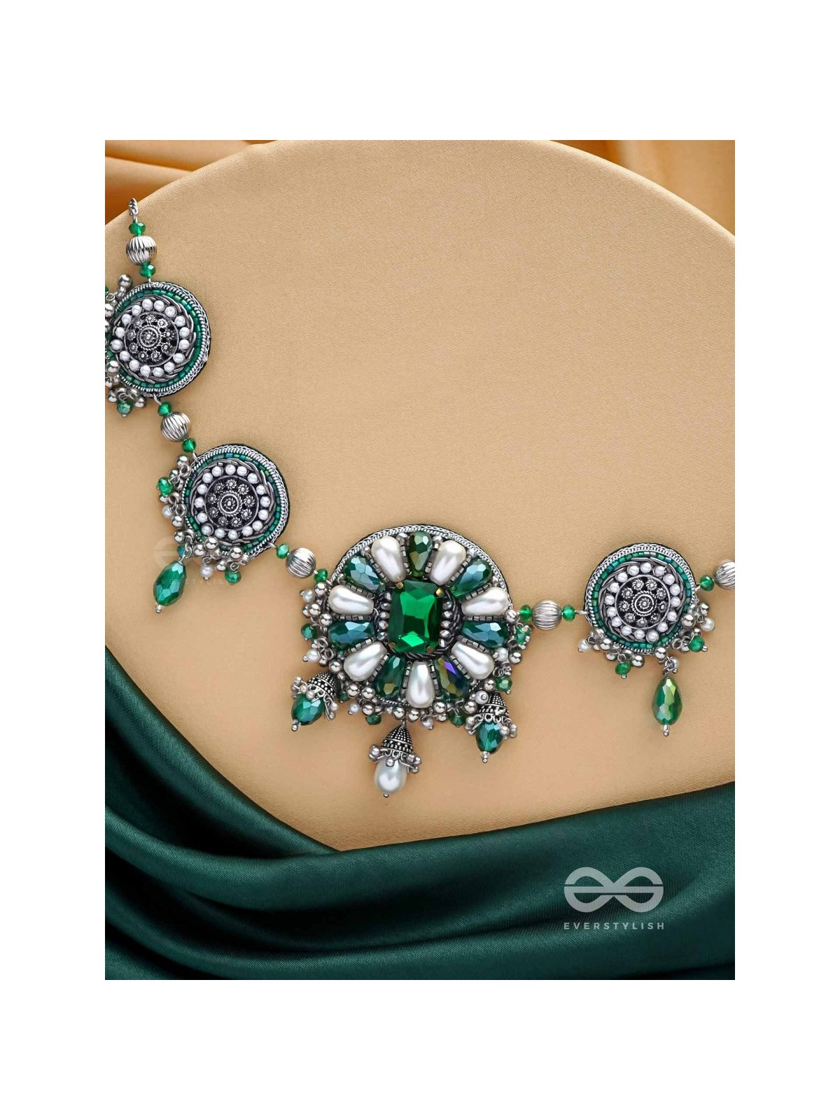 PRADHI - MOON LIKE ELEGANCE - GLASS DROPS, STONES AND PEARLS EMBROIDERED AND OXIDISED NECKPIECE