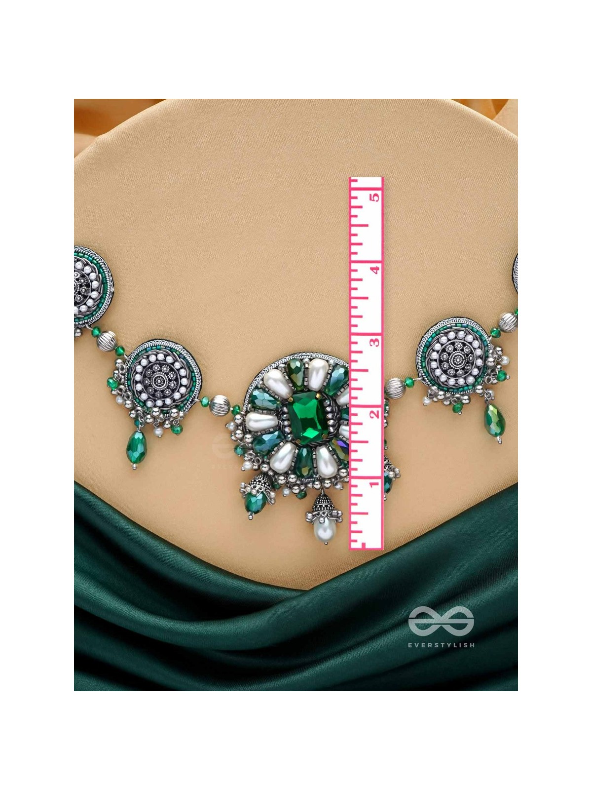 PRADHI - MOON LIKE ELEGANCE - GLASS DROPS, STONES AND PEARLS EMBROIDERED AND OXIDISED NECKPIECE