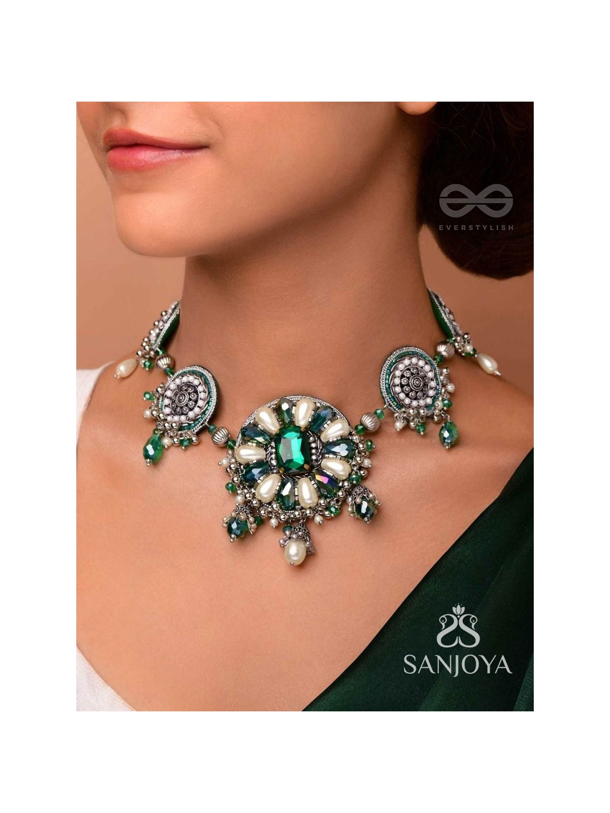 PRADHI - MOON LIKE ELEGANCE - GLASS DROPS, STONES AND PEARLS EMBROIDERED AND OXIDISED NECKPIECE