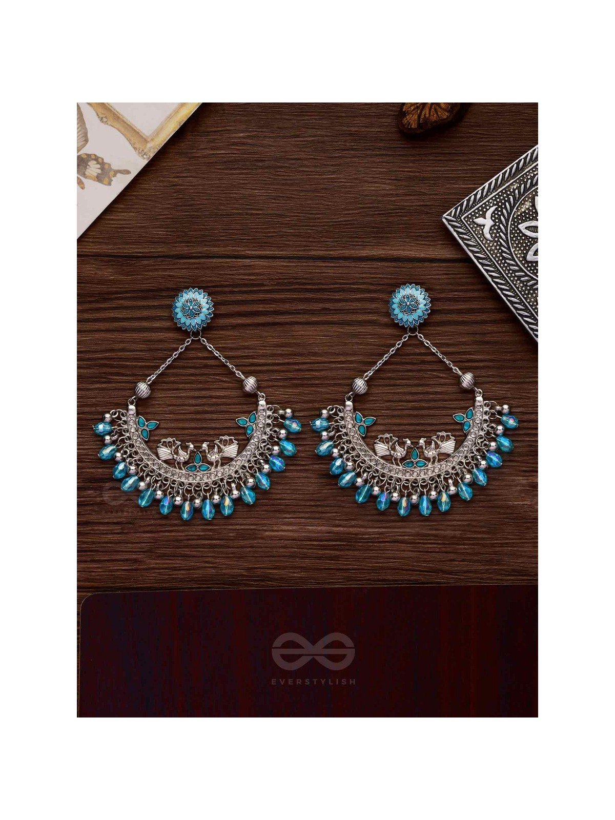 MYSTICAL PEACOCKS IN BLUE - EMBELLISHED OXIDISED EARRINGS