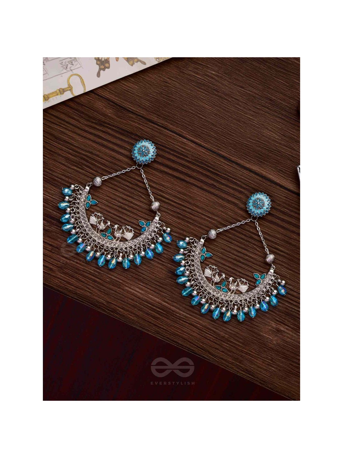 MYSTICAL PEACOCKS IN BLUE - EMBELLISHED OXIDISED EARRINGS