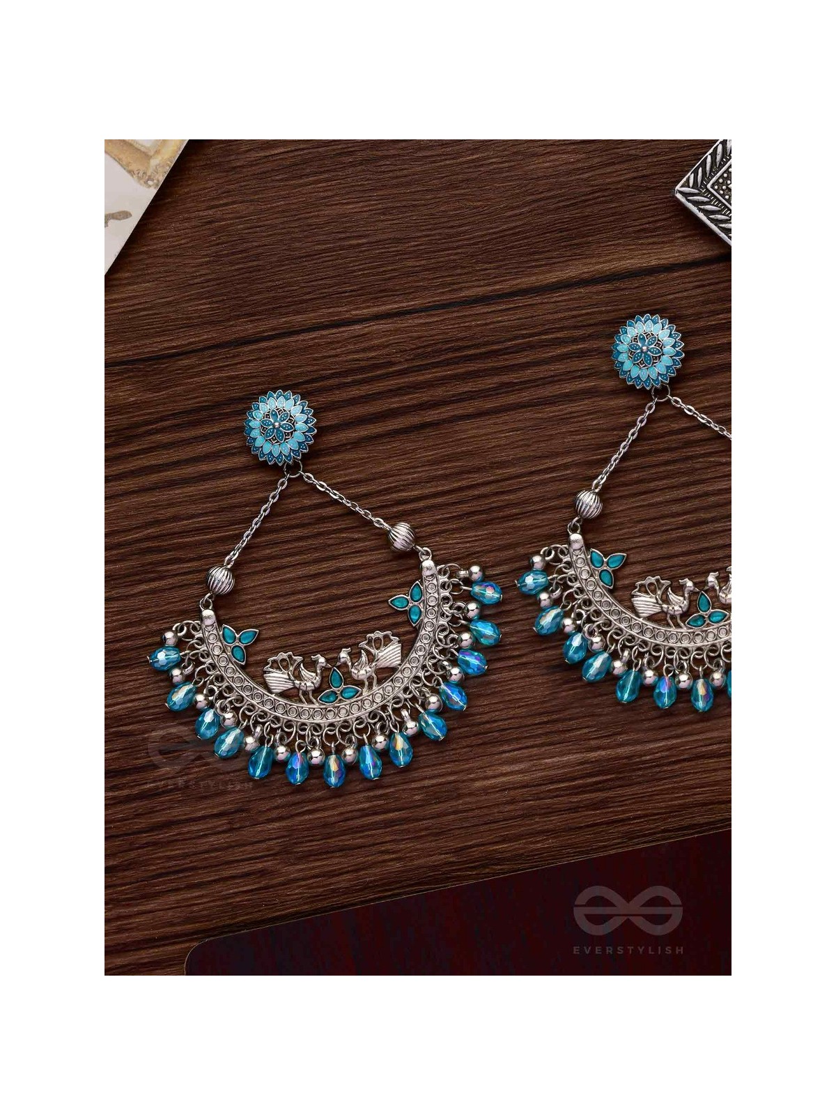 MYSTICAL PEACOCKS IN BLUE - EMBELLISHED OXIDISED EARRINGS