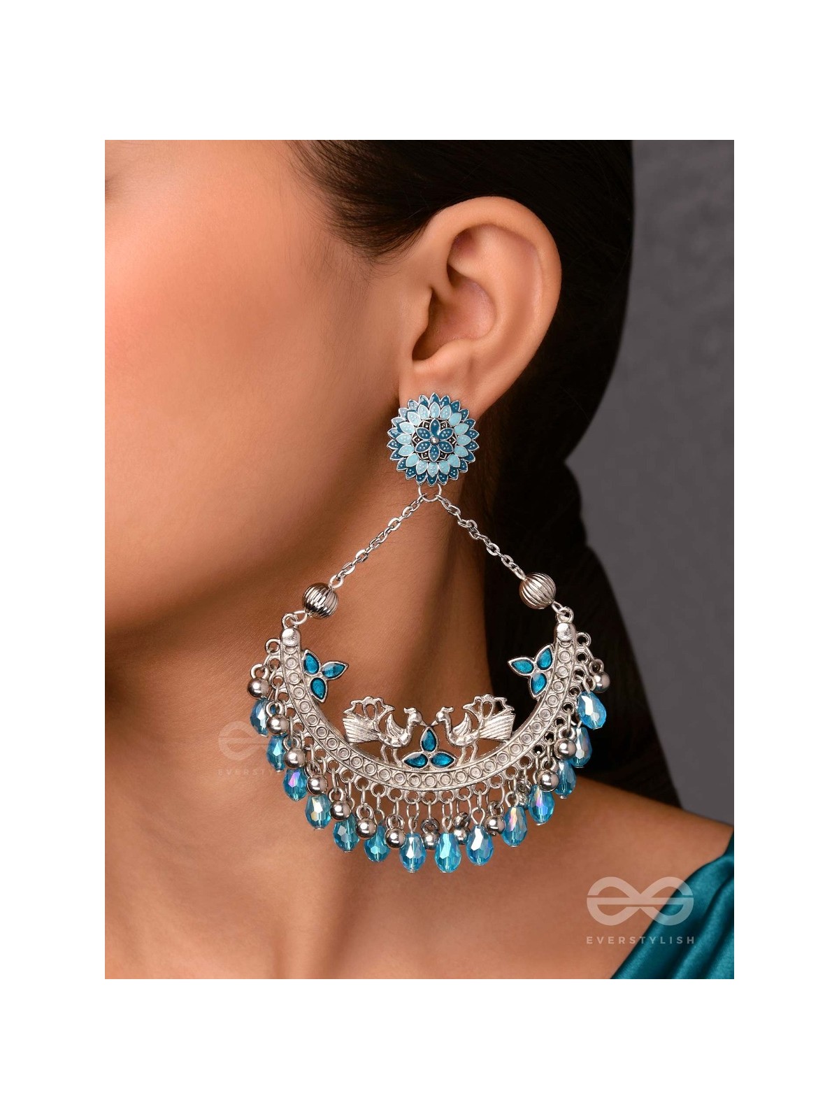 MYSTICAL PEACOCKS IN BLUE - EMBELLISHED OXIDISED EARRINGS