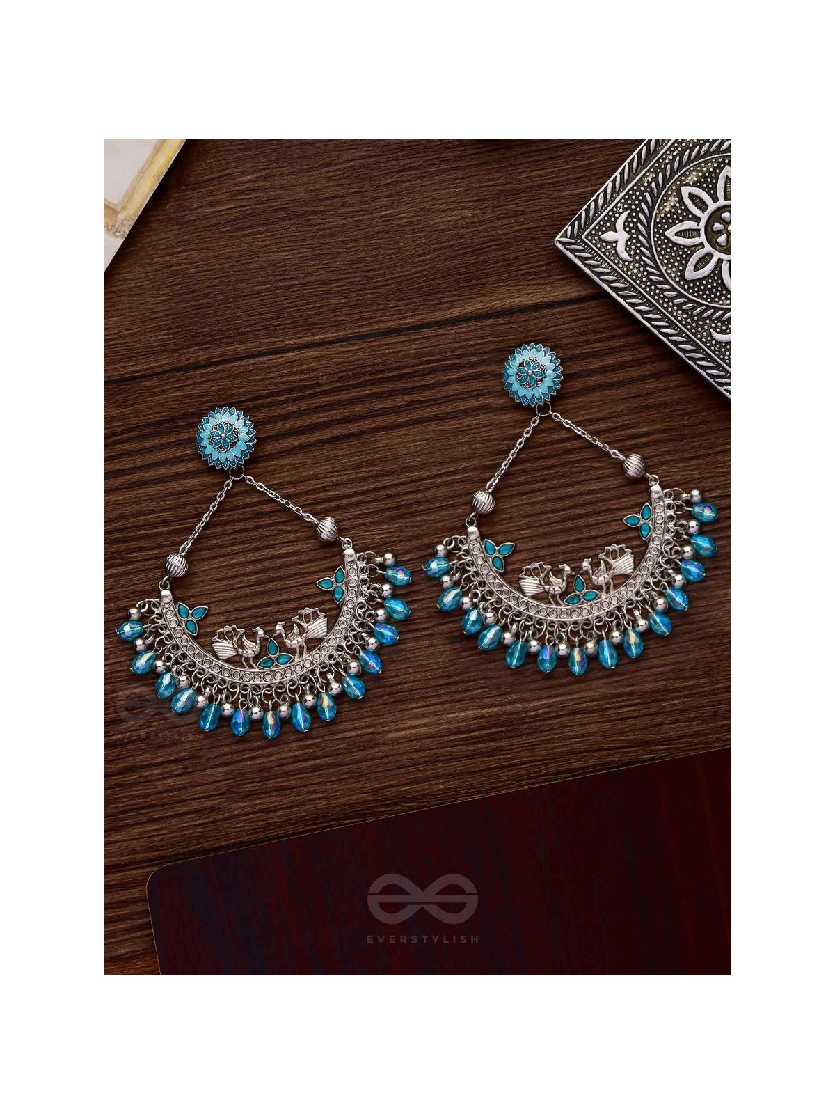 MYSTICAL PEACOCKS IN BLUE - EMBELLISHED OXIDISED EARRINGS