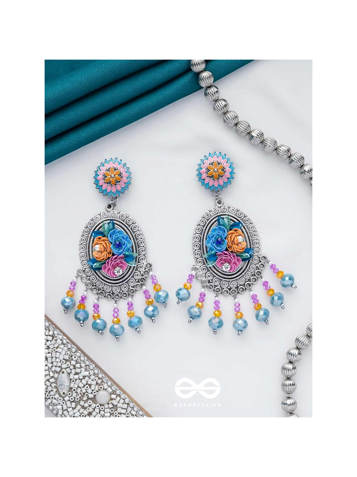 MANORAMVARNA - OF BEAUTIFUL COLORS - SEQUINS, BEADS AND PEARLS EMBROIDERED AND OXIDISED EARRINGS