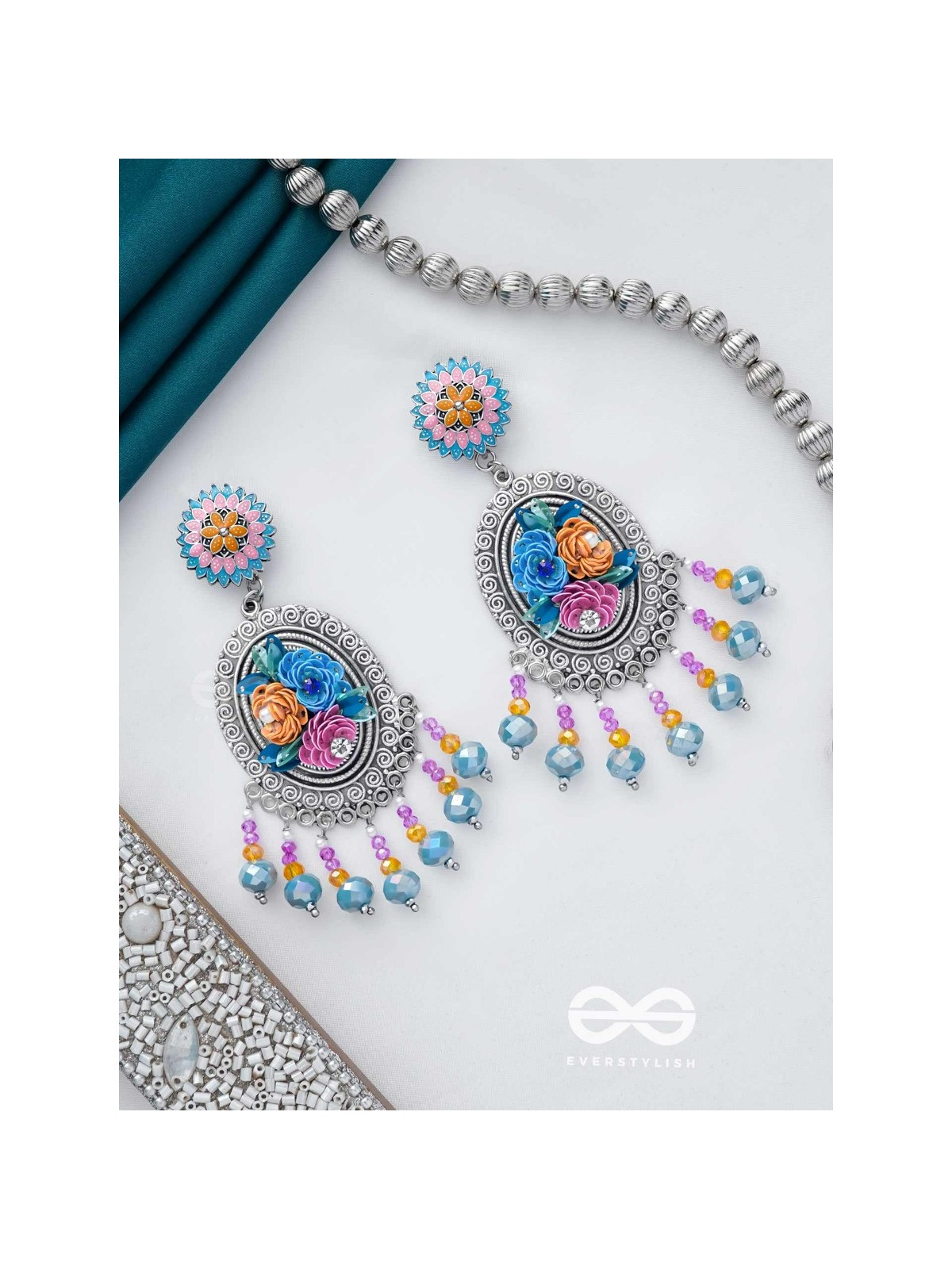 MANORAMVARNA - OF BEAUTIFUL COLORS - SEQUINS, BEADS AND PEARLS EMBROIDERED AND OXIDISED EARRINGS