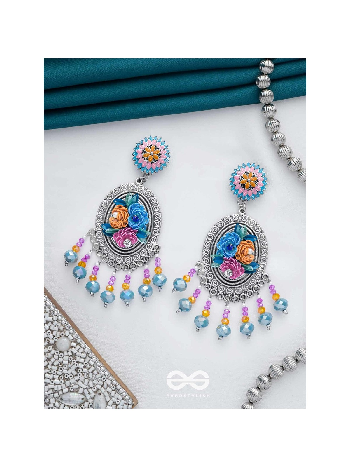 MANORAMVARNA - OF BEAUTIFUL COLORS - SEQUINS, BEADS AND PEARLS EMBROIDERED AND OXIDISED EARRINGS
