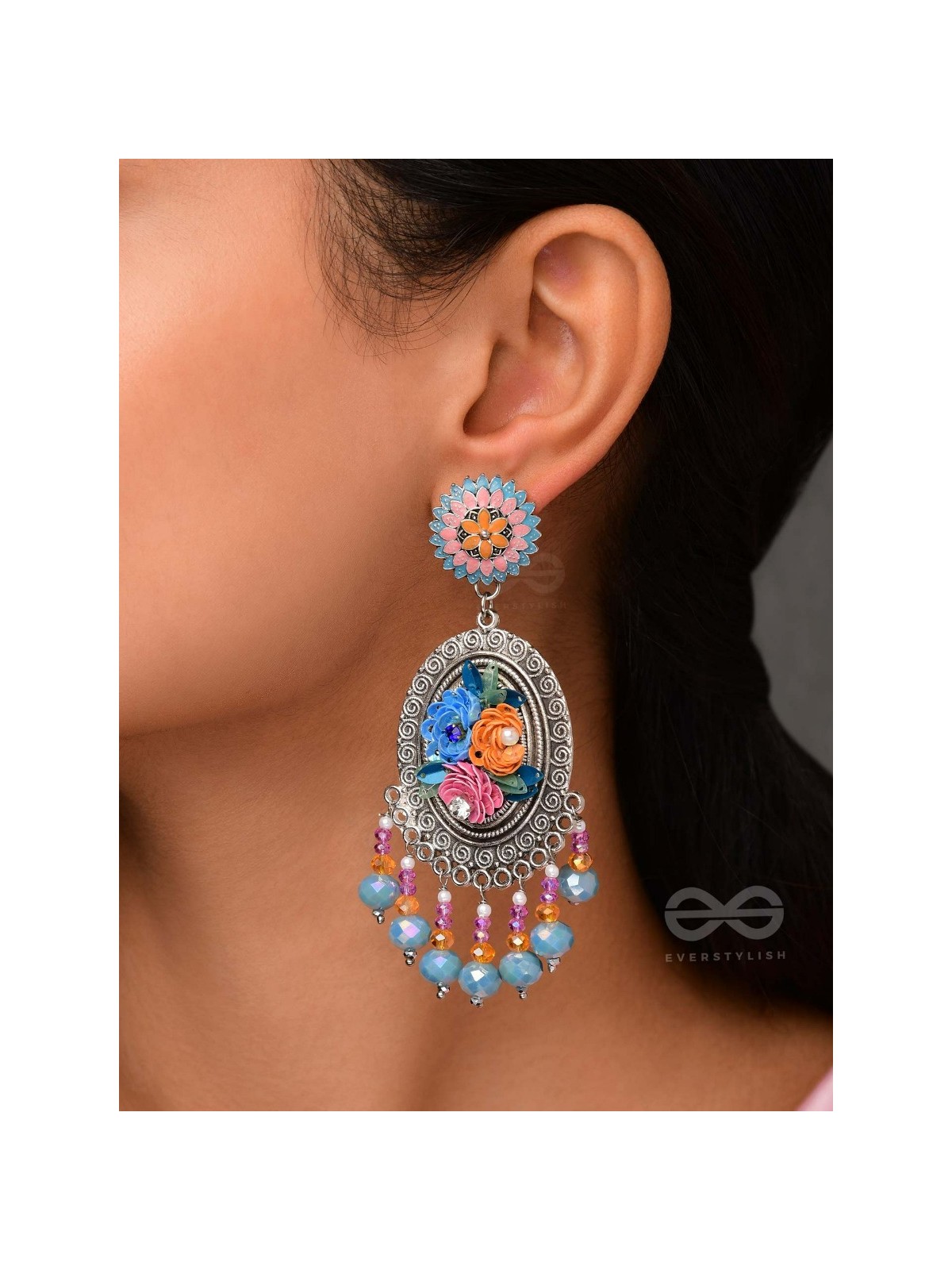 MANORAMVARNA - OF BEAUTIFUL COLORS - SEQUINS, BEADS AND PEARLS EMBROIDERED AND OXIDISED EARRINGS