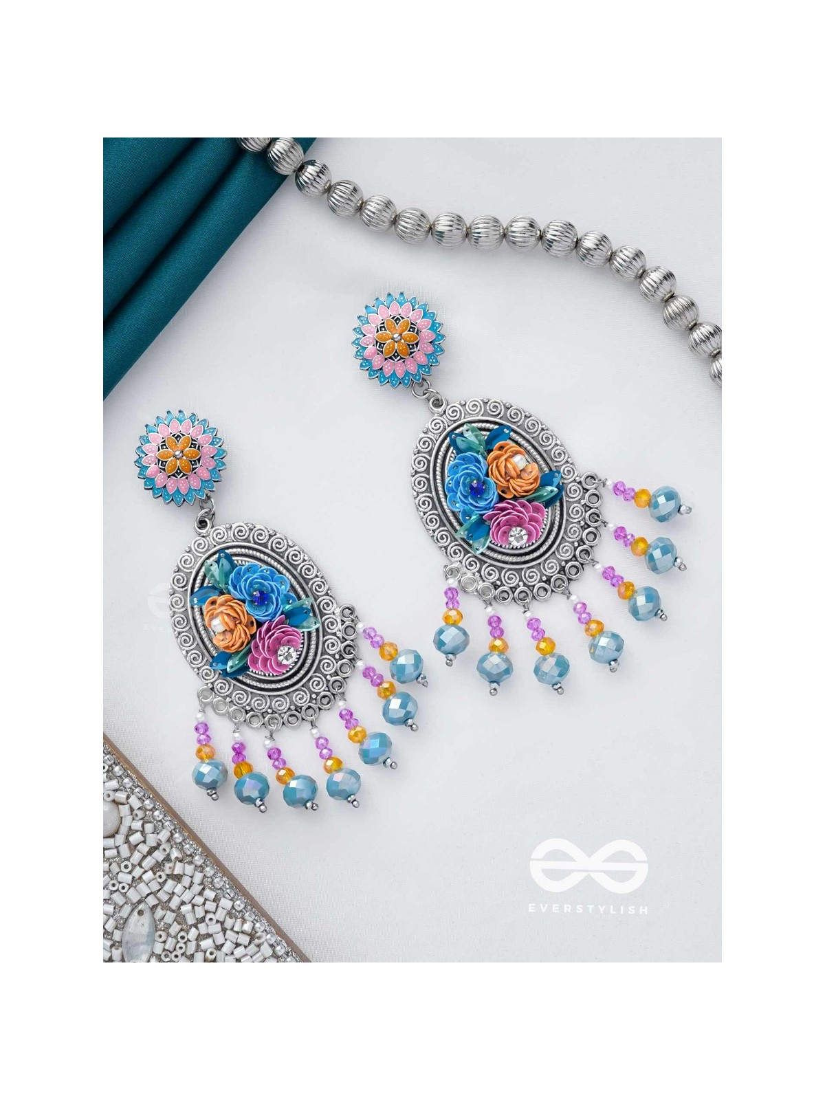 MANORAMVARNA - OF BEAUTIFUL COLORS - SEQUINS, BEADS AND PEARLS EMBROIDERED AND OXIDISED EARRINGS