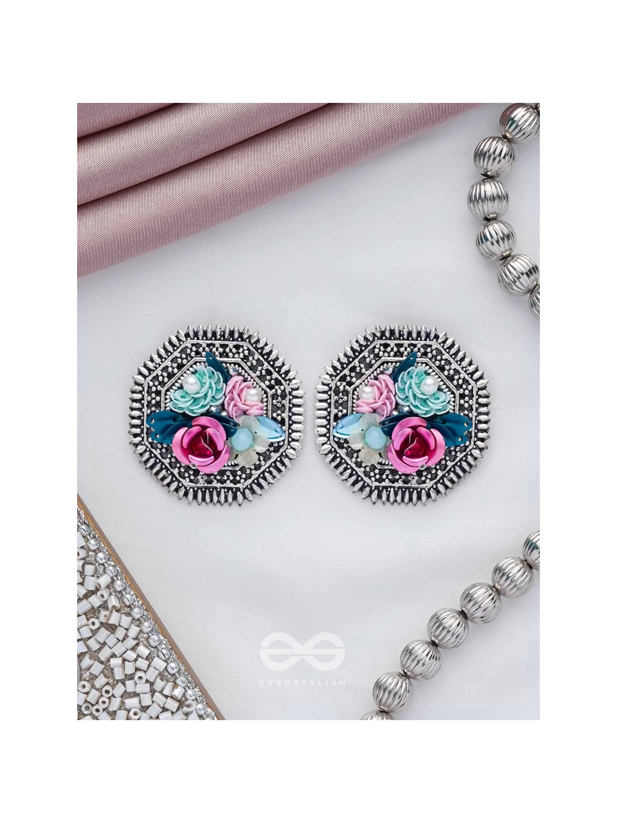 UDYANAKALA - GARDEN OF ART - SEQUINS AND PEARLS EMBROIDERED AND OXIDISED STUD EARRINGS