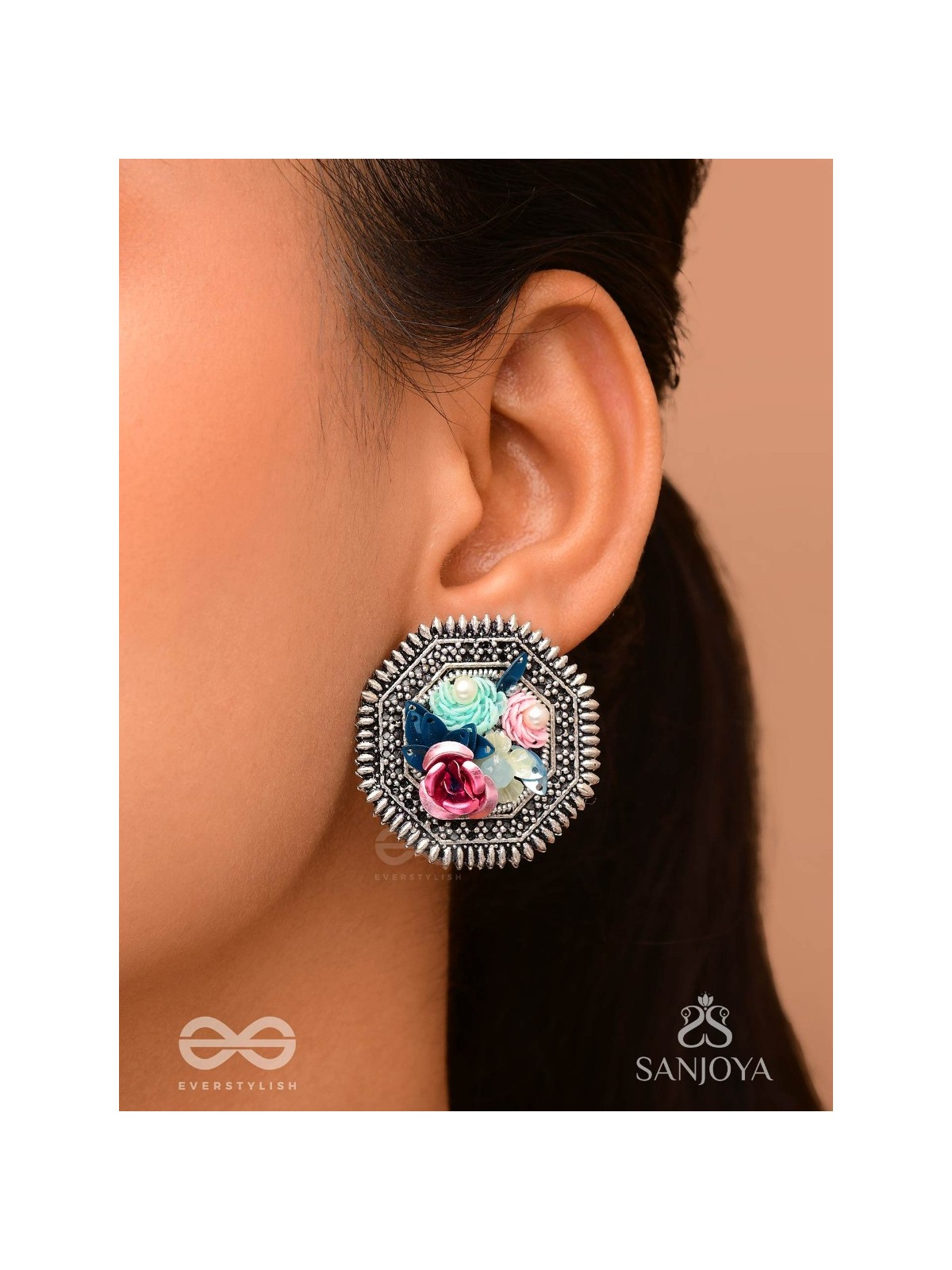 UDYANAKALA - GARDEN OF ART - SEQUINS AND PEARLS EMBROIDERED AND OXIDISED STUD EARRINGS