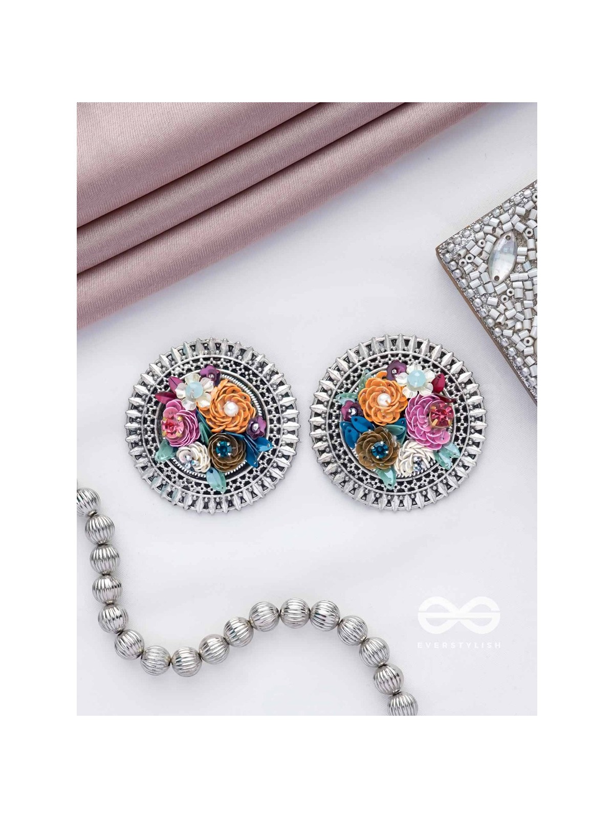 Varnin - The Spring Colors - Sequins, Beads And Stones Hand Embroidered Oxidised Earrings
