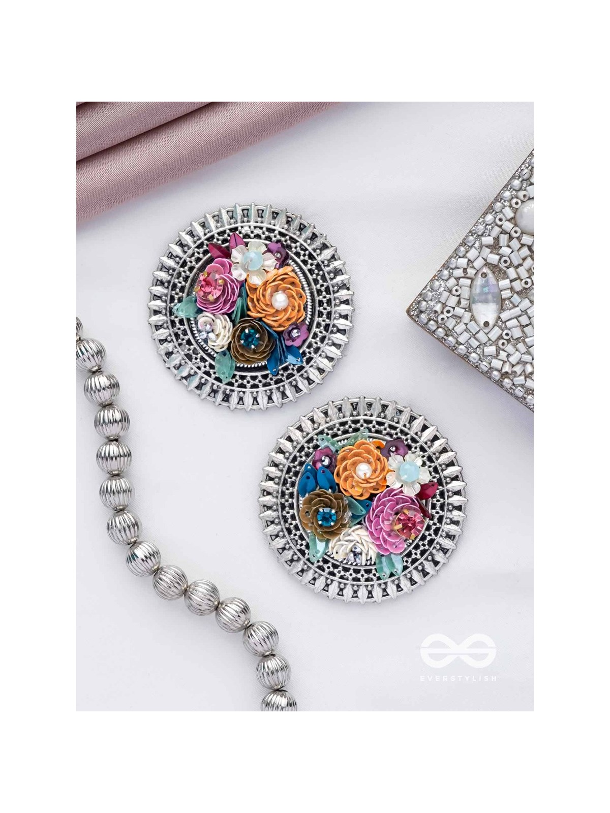Varnin - The Spring Colors - Sequins, Beads And Stones Hand Embroidered Oxidised Earrings