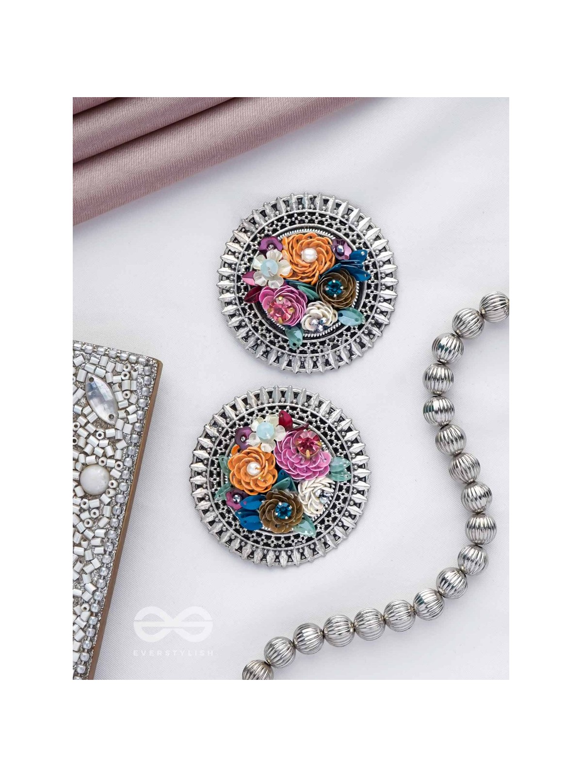 Varnin - The Spring Colors - Sequins, Beads And Stones Hand Embroidered Oxidised Earrings