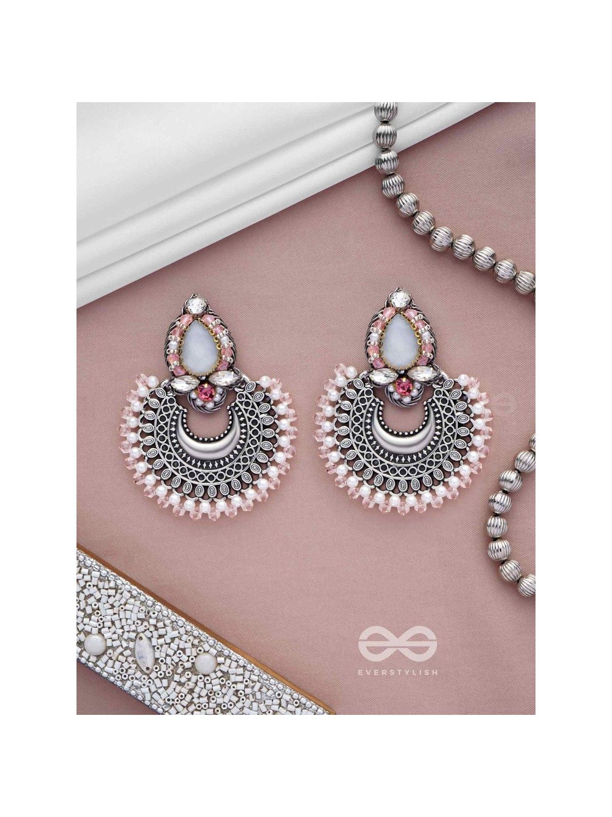 Chandrabhaas - Moon Like Appearance - Beads And Stones Hand Embroidered Oxidised Earrings