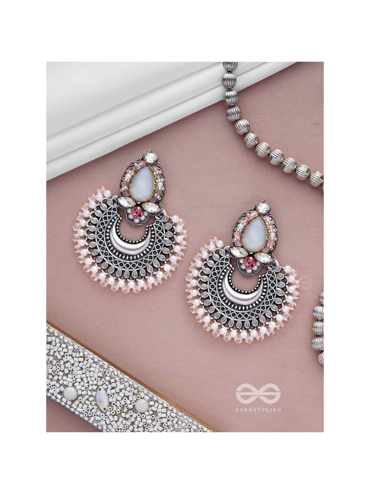 Chandrabhaas - Moon Like Appearance - Beads And Stones Hand Embroidered Oxidised Earrings