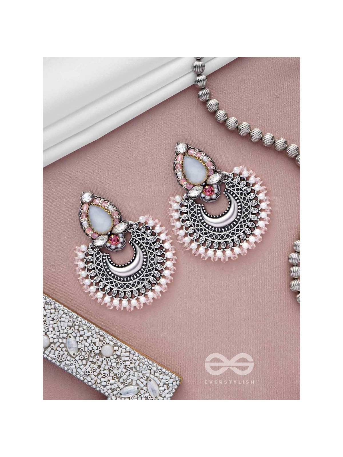 Chandrabhaas - Moon Like Appearance - Beads And Stones Hand Embroidered Oxidised Earrings